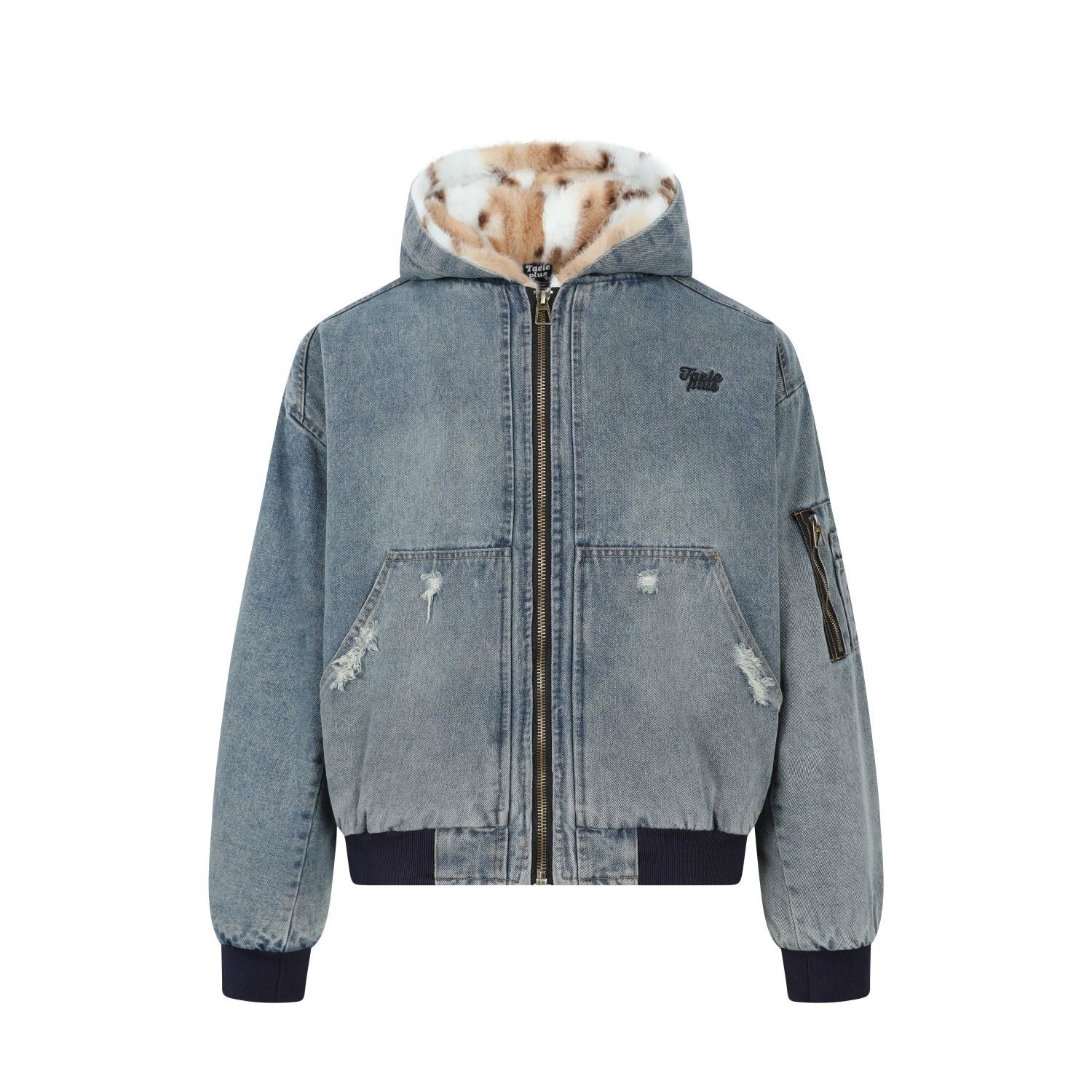 Washed Denim Leopard-Fur Hooded Puffer Jacket