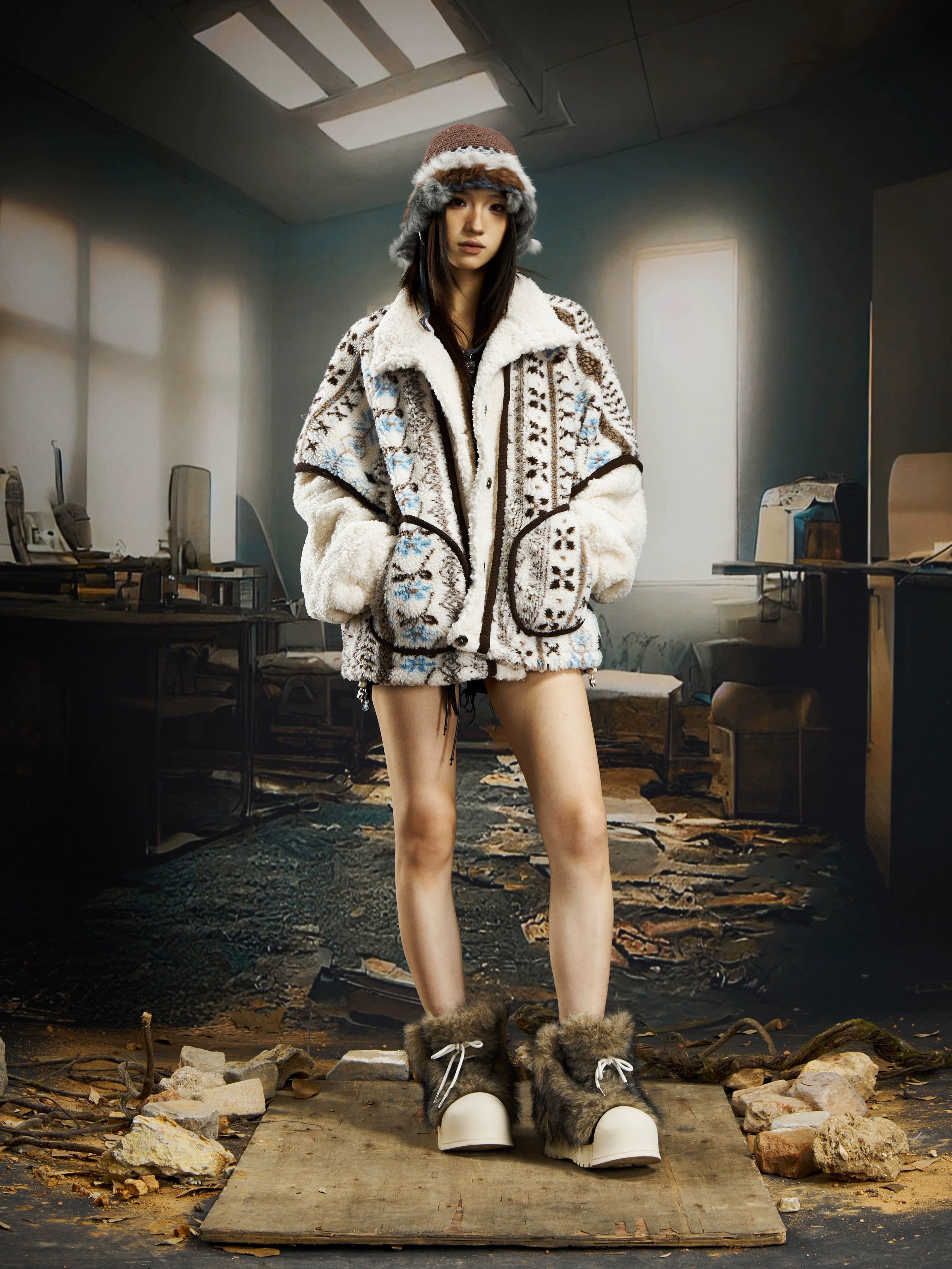 A vintage-inspired oversized sherpa jacket from Sanhoostudio, featuring thick warmth, soft texture, and a relaxed silhouette for cozy winter streetwear styling.