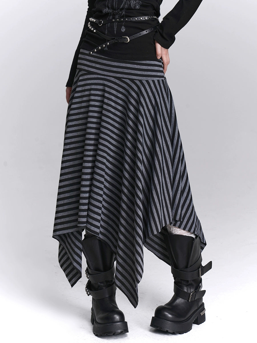 Black and Grey Striped Irregular Hem Midi Skirt