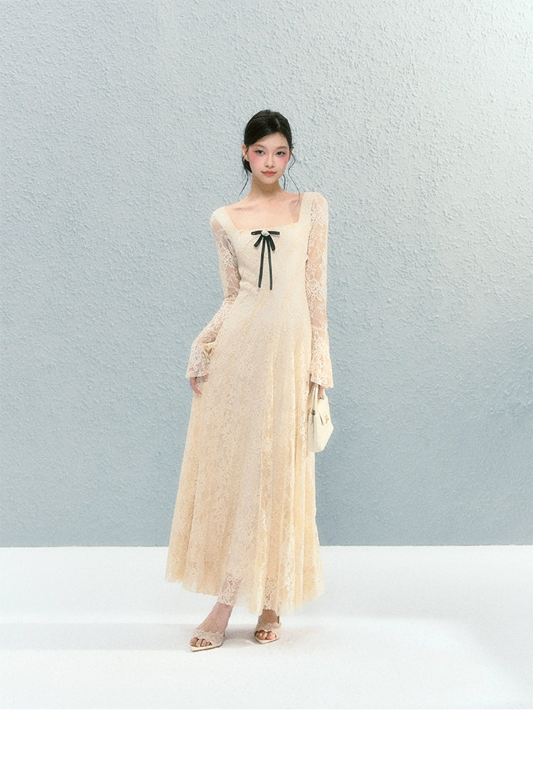 Sanhoostudio presents the Lace Bow Long Sleeve Dress, a charming piece with lace and bow accents, perfect for birthdays and autumn gatherings.