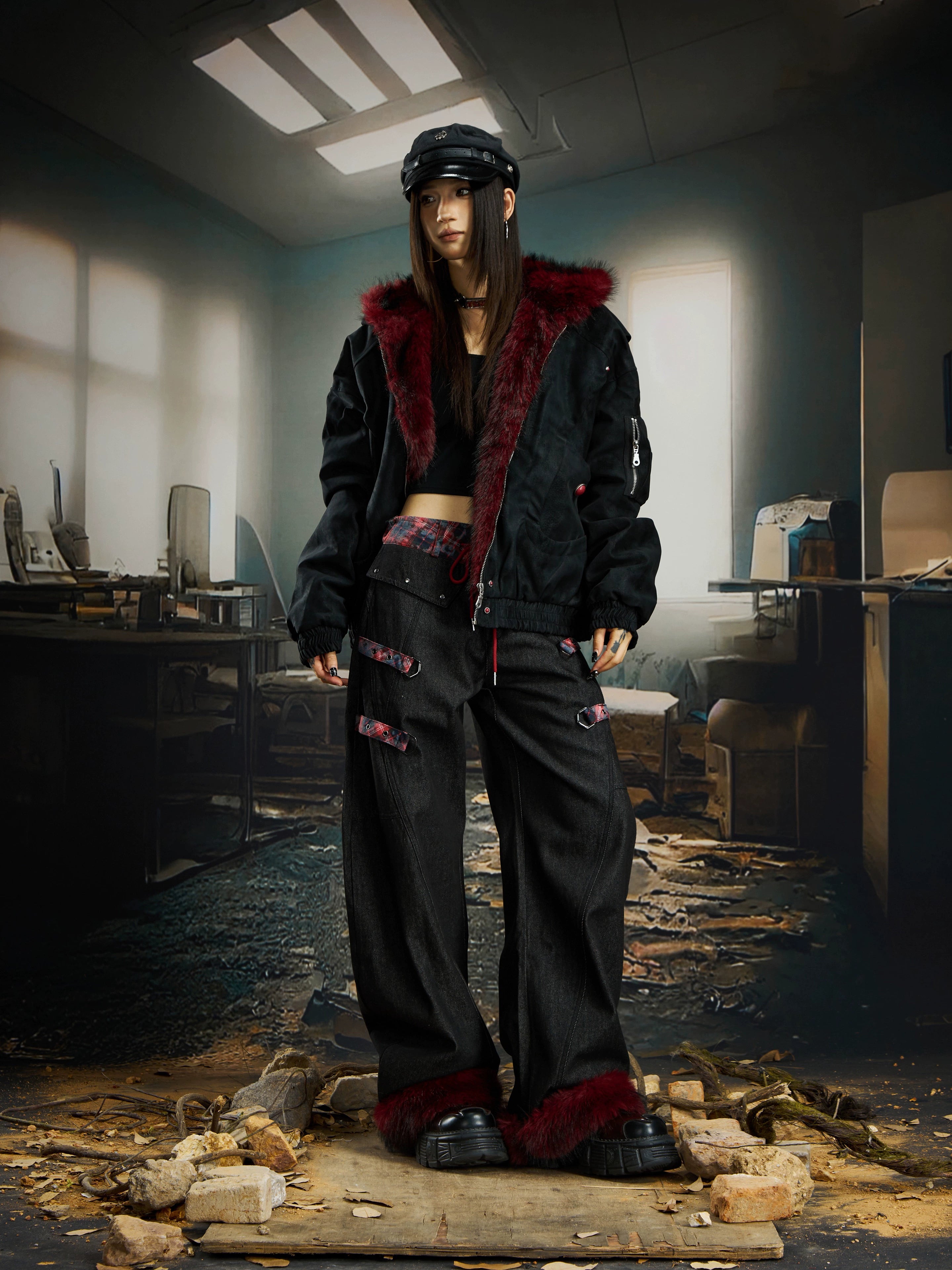 A dark-washed suede-look short puffer jacket with plush fur trim. Crafted by Sanhoostudio for bold winter layering and warm street-style expression.