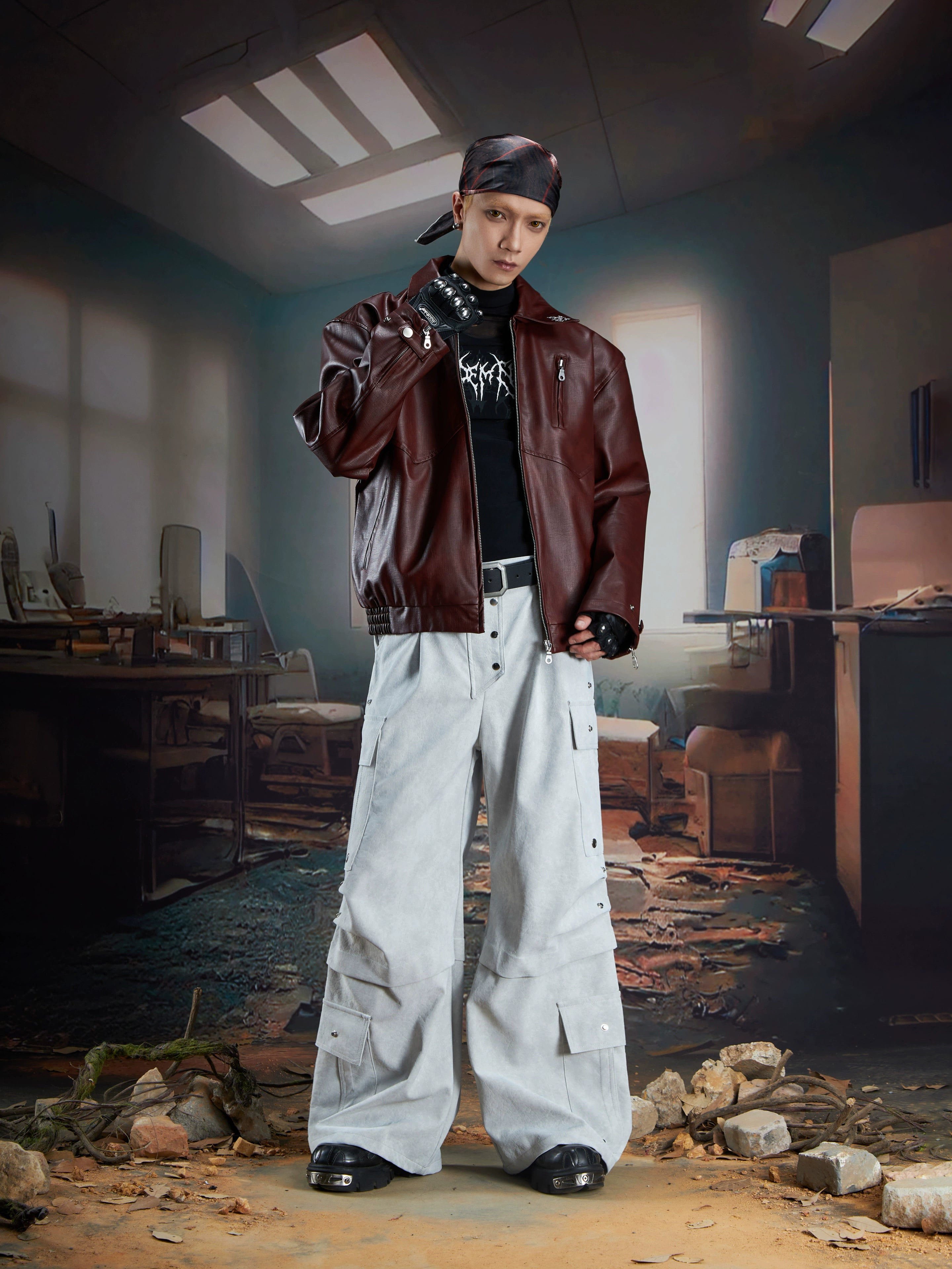 Matte Leather Multi-Pocket Studded Straight Pants