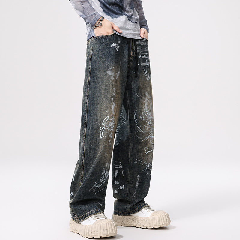 Graffiti Print Straight Wide Leg Jeans