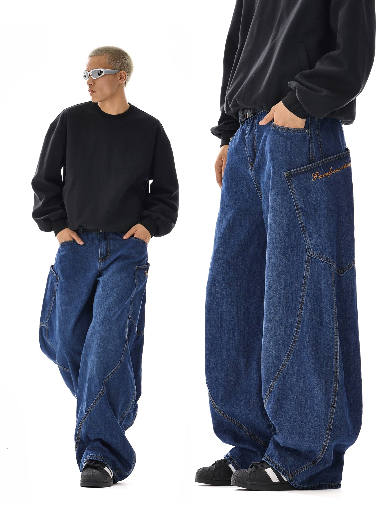 Baggy Curved Utility Denim Jeans with Embroidery Detail