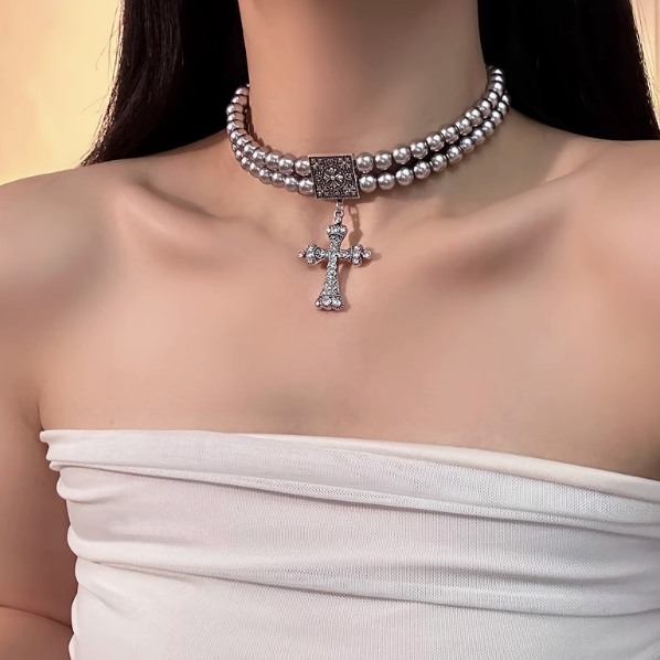 Double Layer Cross Choker Necklace