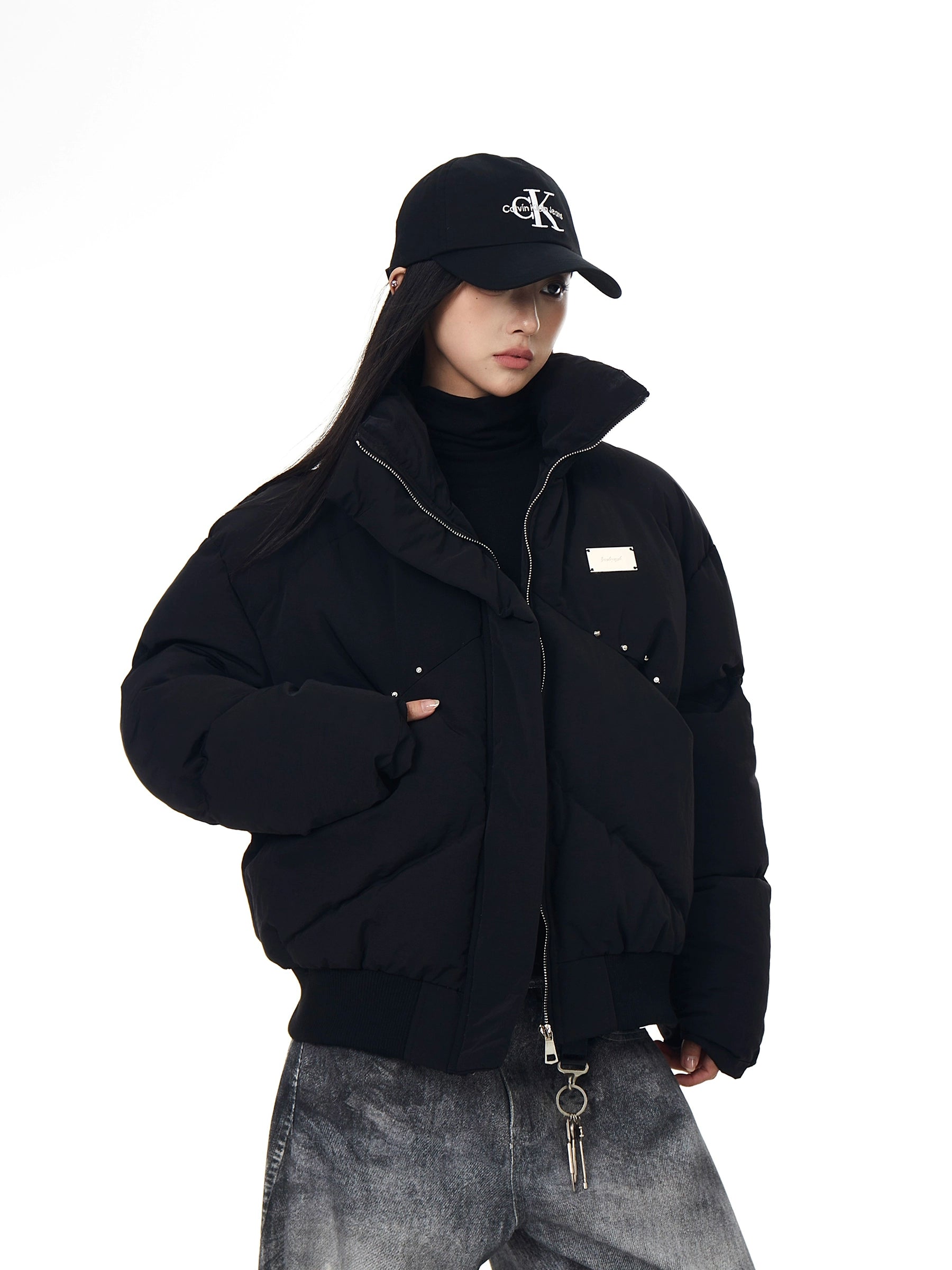 Studded Deconstructed Stand-Collar Puffer Jacket