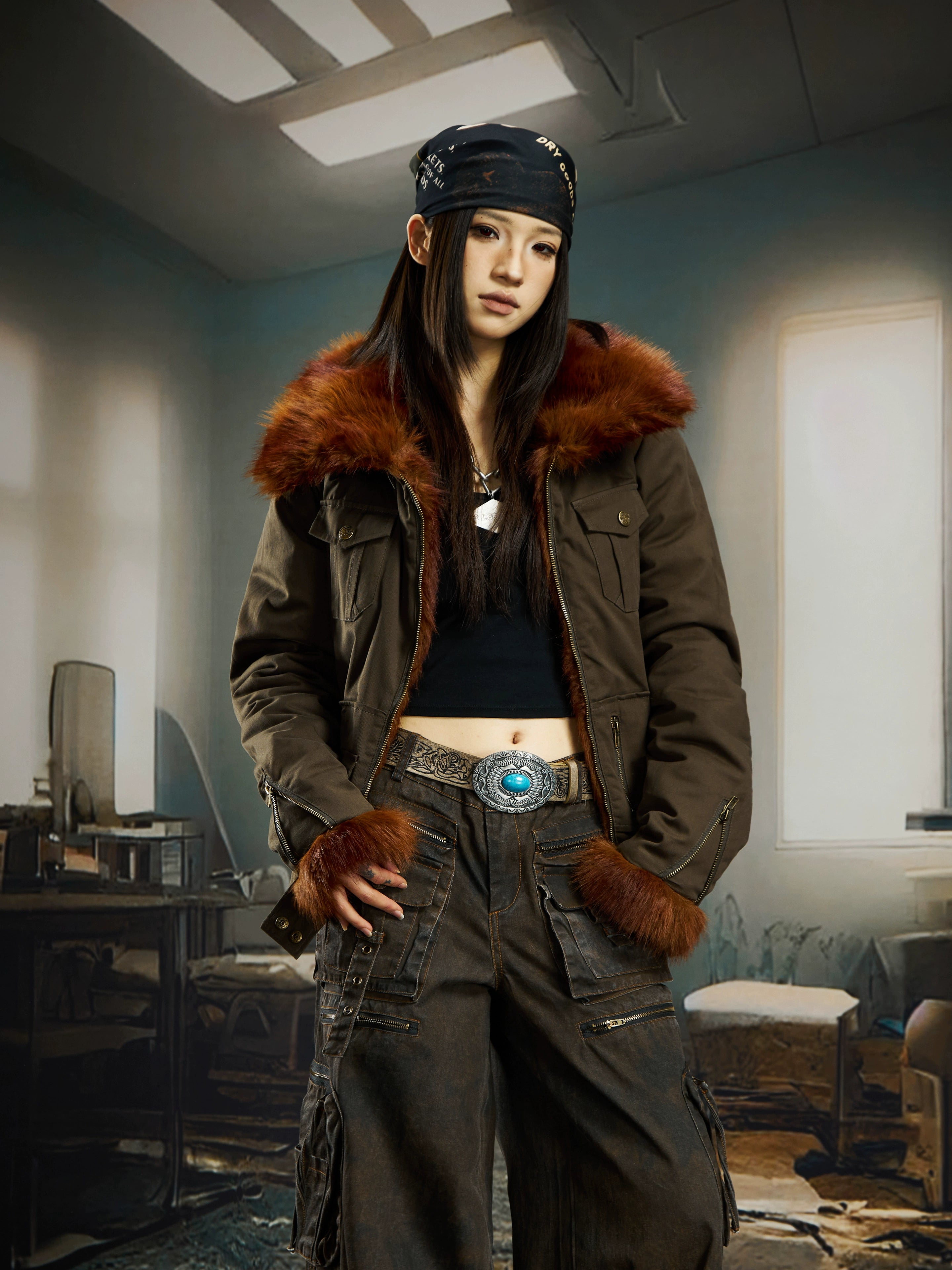 Shibuya Red-Fur Wide-Collar Fitted Cropped Jacket