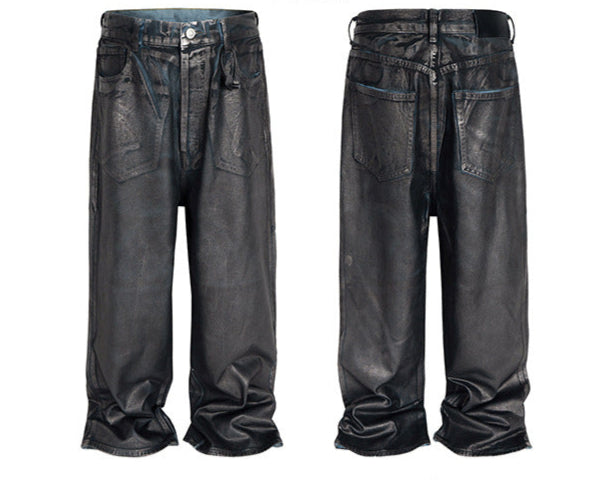 Shop the Coated Distressed Washed Denim Jeans at sanhoostudio. Featuring a unique coated finish, vintage distressed details, and soft washed denim fabric for ultimate comfort and style. Perfect for streetwear lovers seeking edgy, timeless denim.