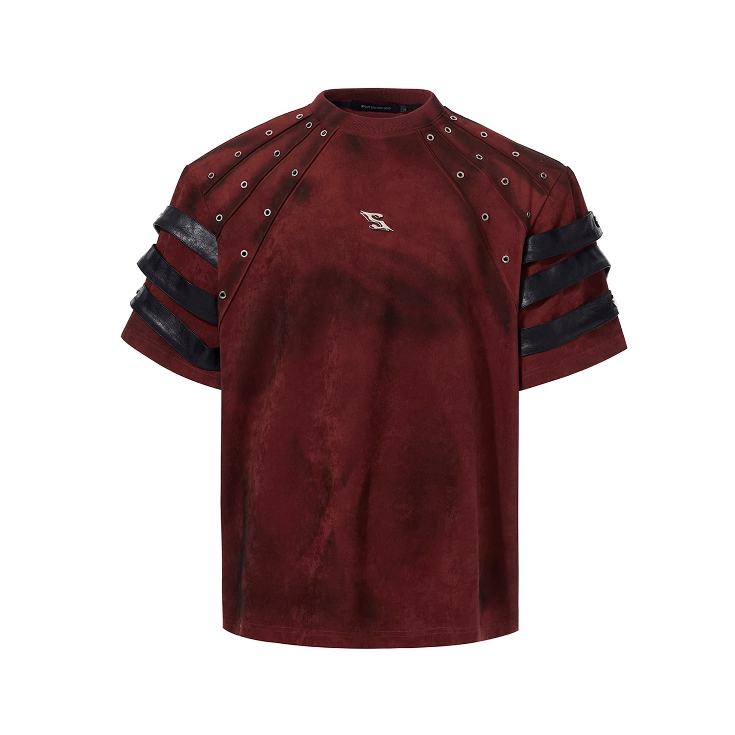 Sanhoostudio dark streetwear T-shirt featuring distressed dye finish, studded details, and leather patchwork accents. Designed with structured shoulder pads and a relaxed fit for bold summer styling.