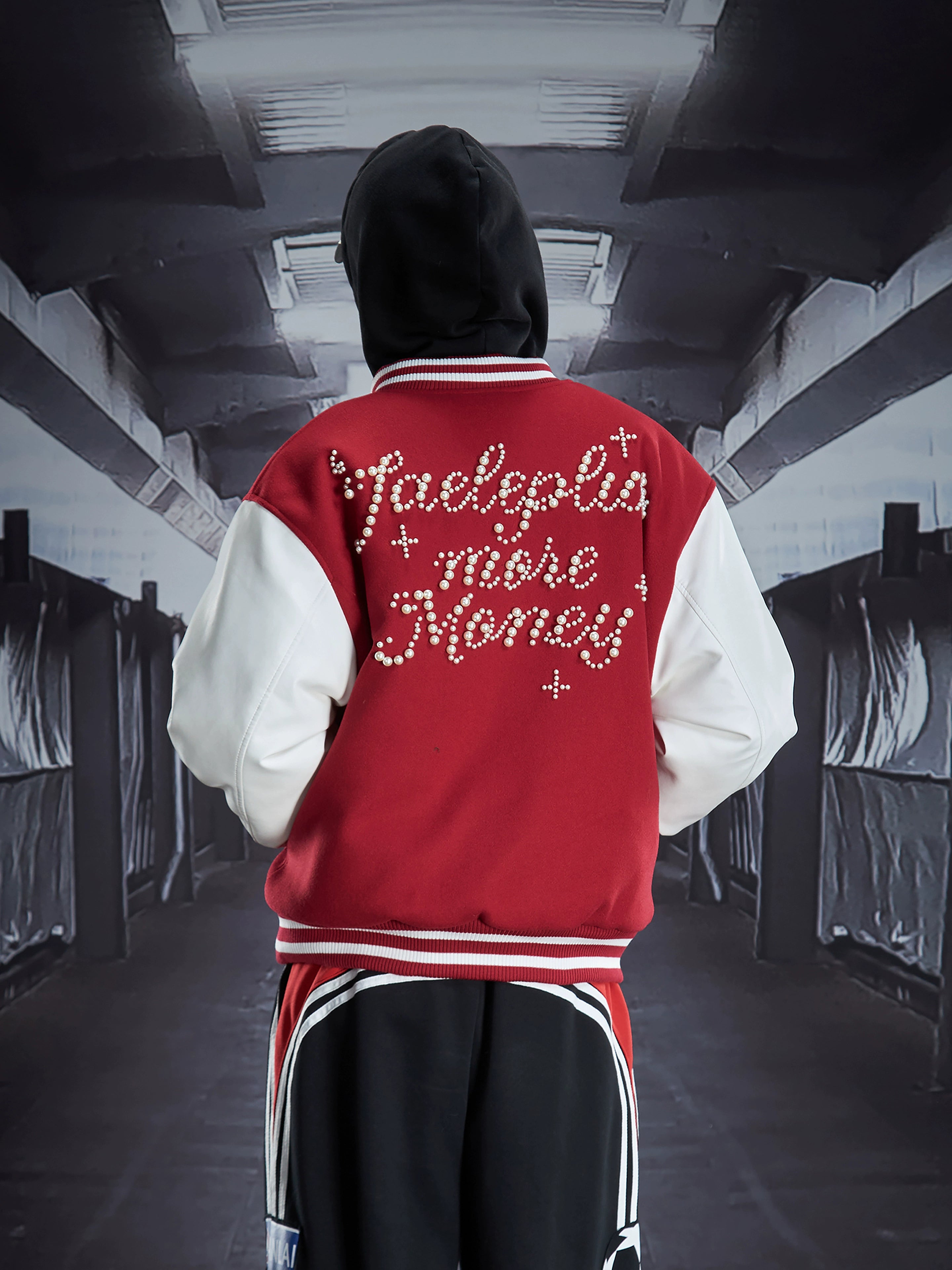 Jersey-Style Pearl Embroidered Quilted Bomber Jacket