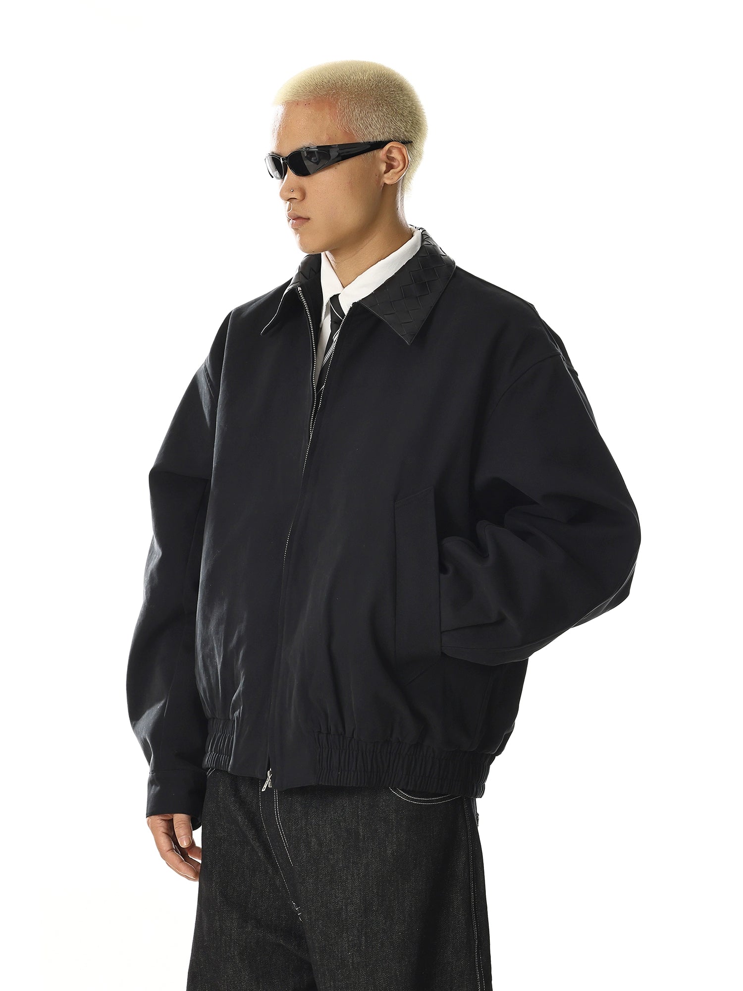 Minimalist Leather Collar Jacket with Relaxed Streetwear Design