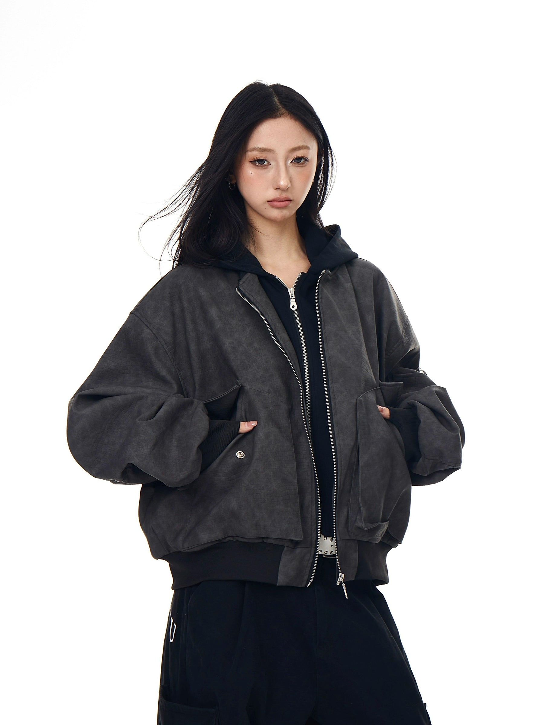 Multi-Pocket Layered Leather Bomber Jacket