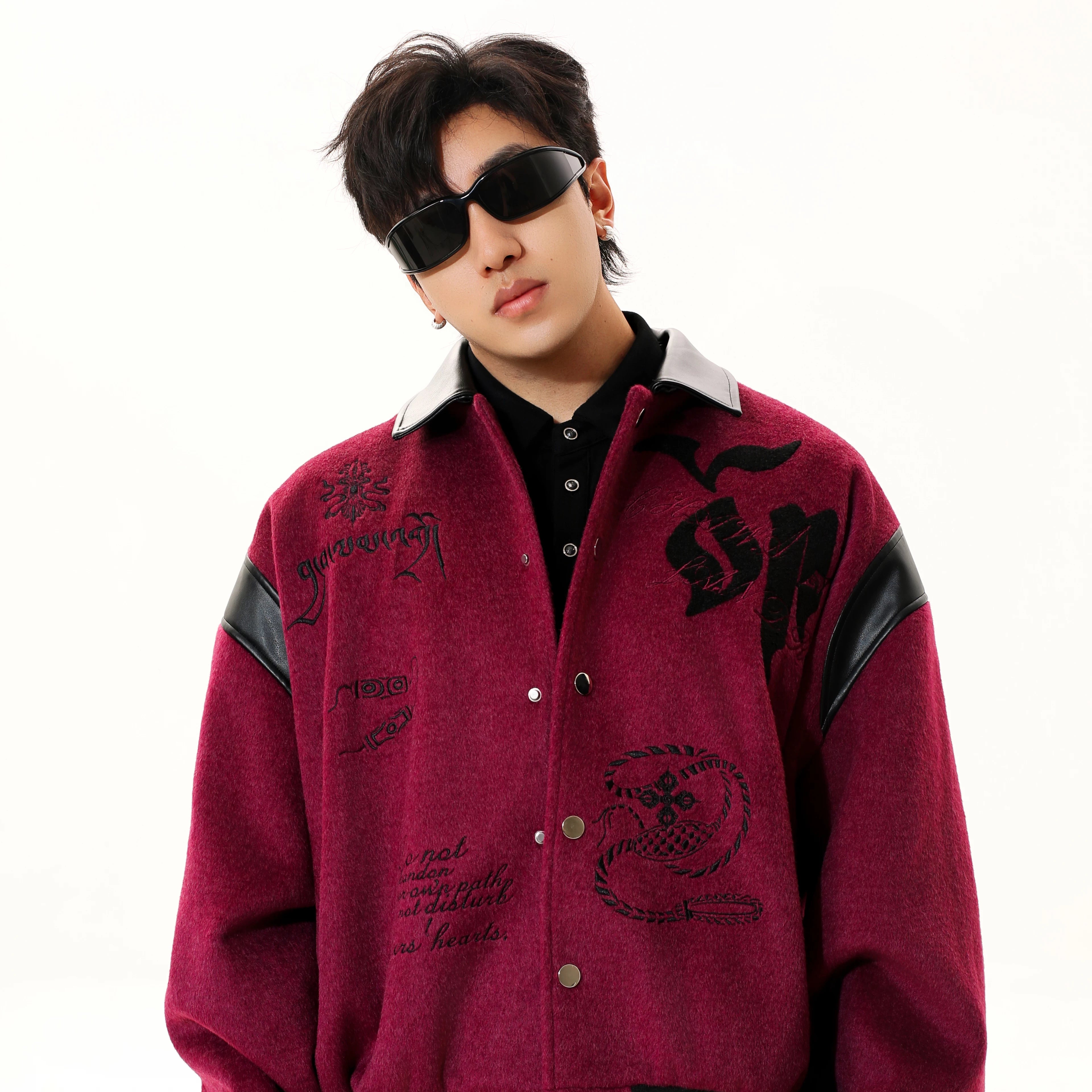 Sanhoostudio American-style varsity jacket with embroidery. Designed for unisex streetwear and seasonal layering.