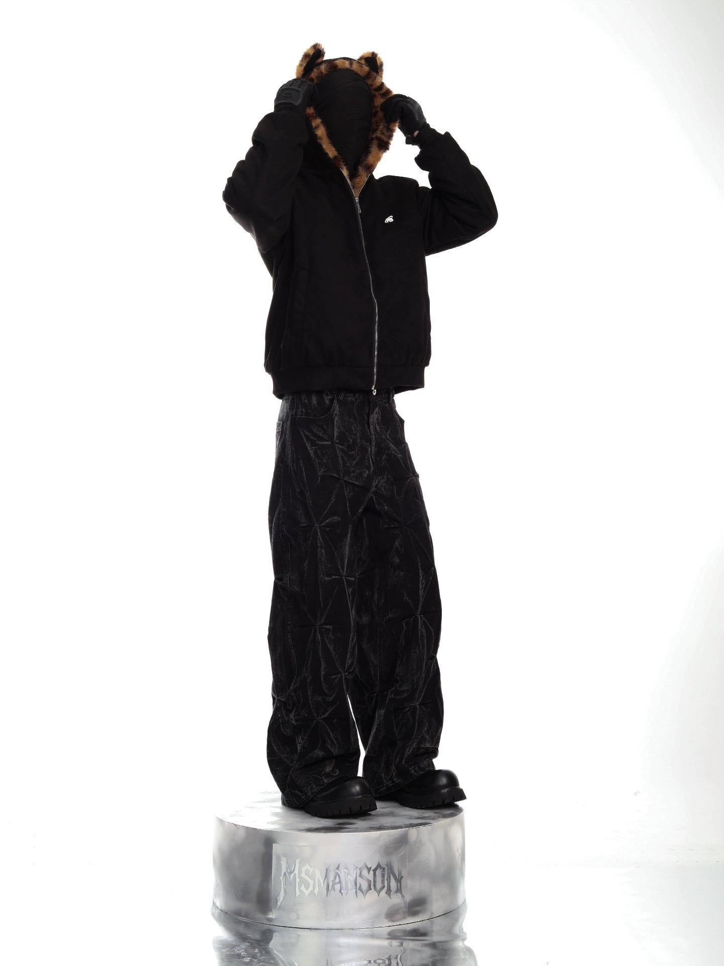 Vintage Black Suede Patchwork Leopard Fur Hooded Jacket