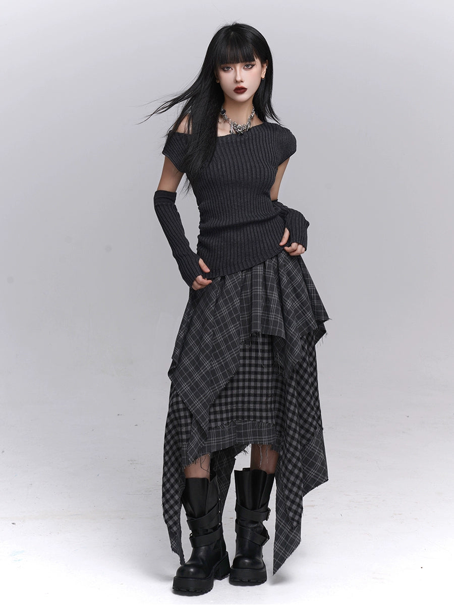 Gray One-Shoulder Knit Sweater