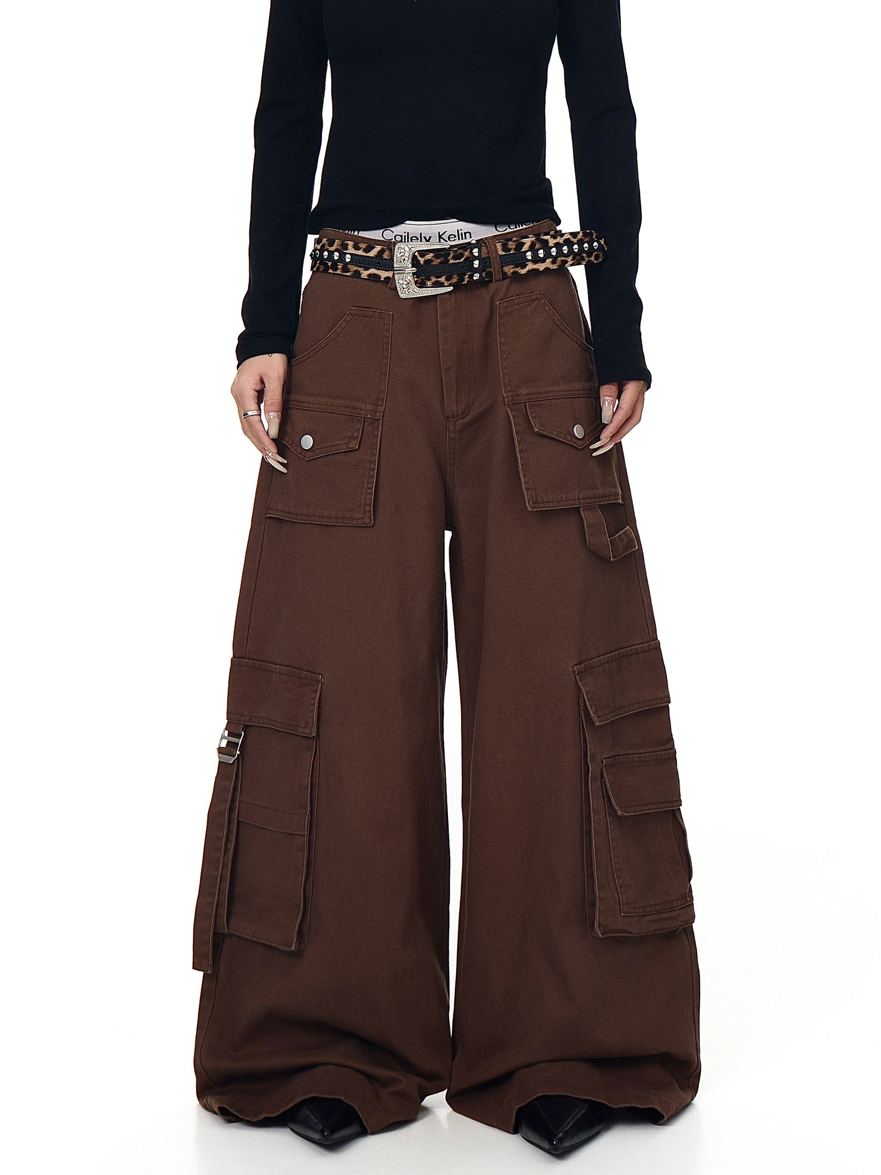 Heavy-Duty Brown Multi-Pocket Utility Pants