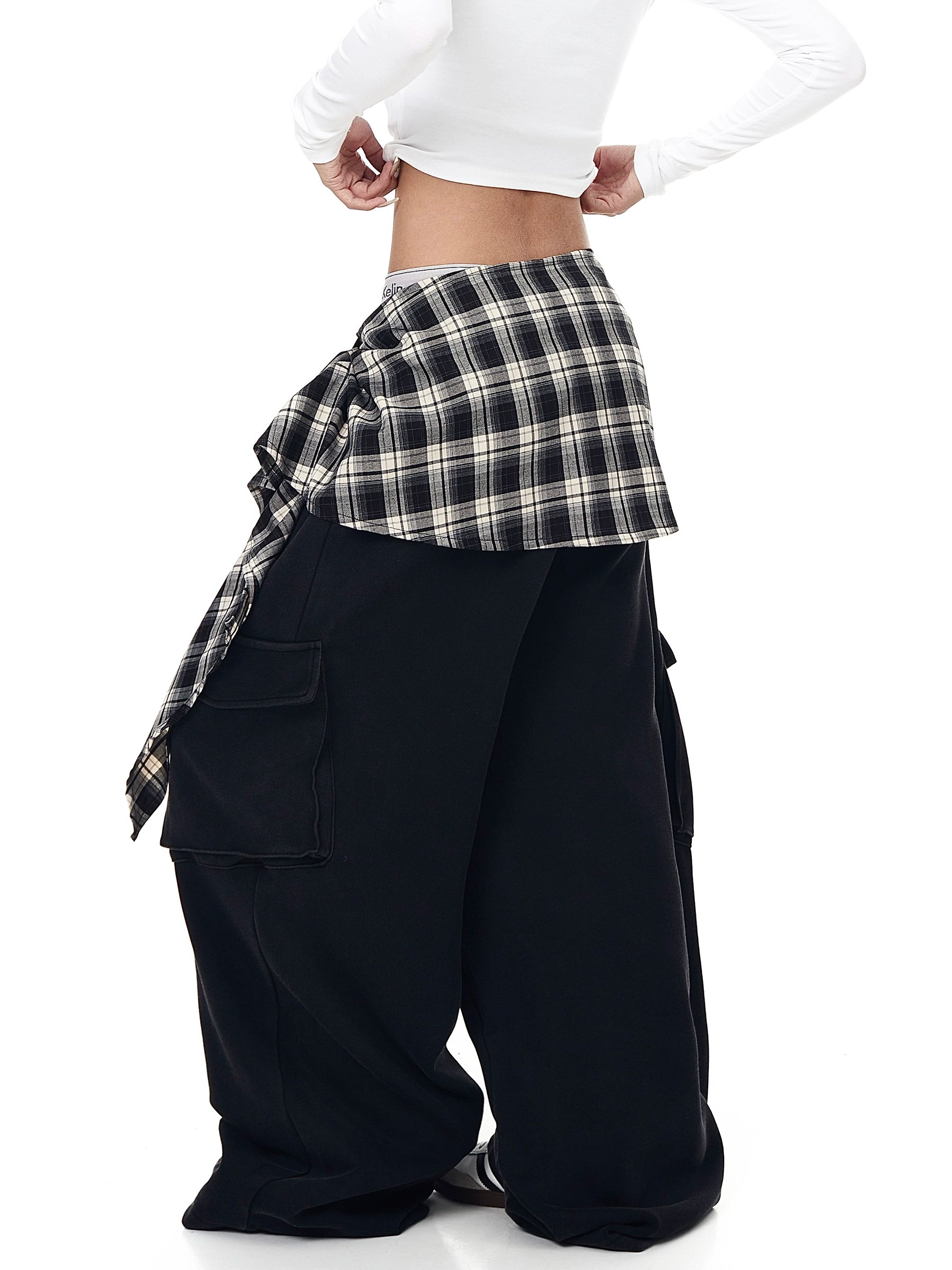 Plaid Overlay Straight-Leg Cargo Sweatpants