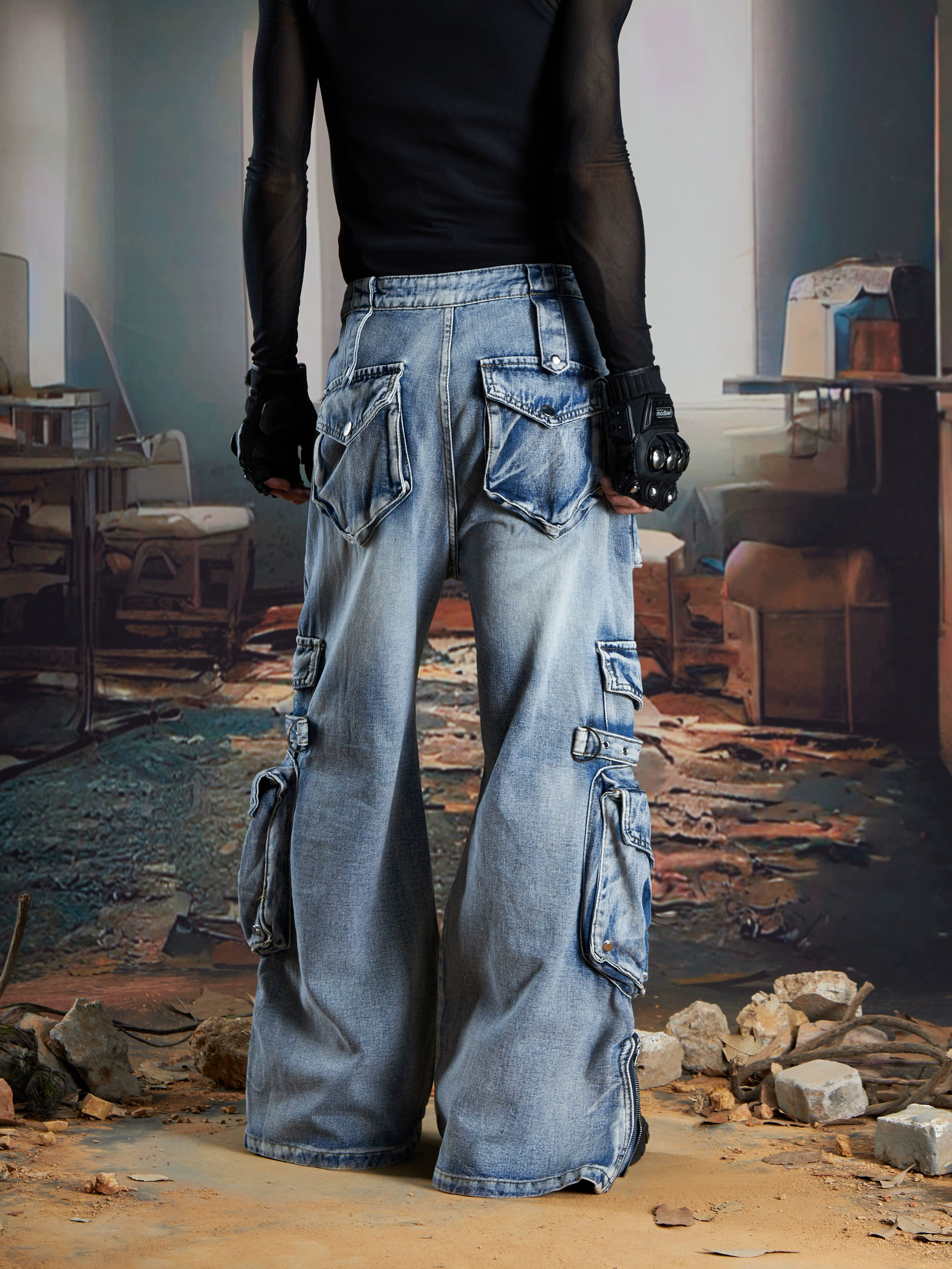 3D Utility Multi-Pocket Washed Deconstructed Cargo Jeans