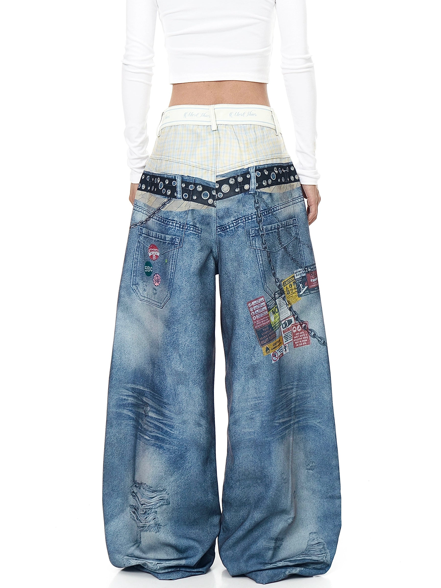 3D Chain Print Double-Waist Denim Pants