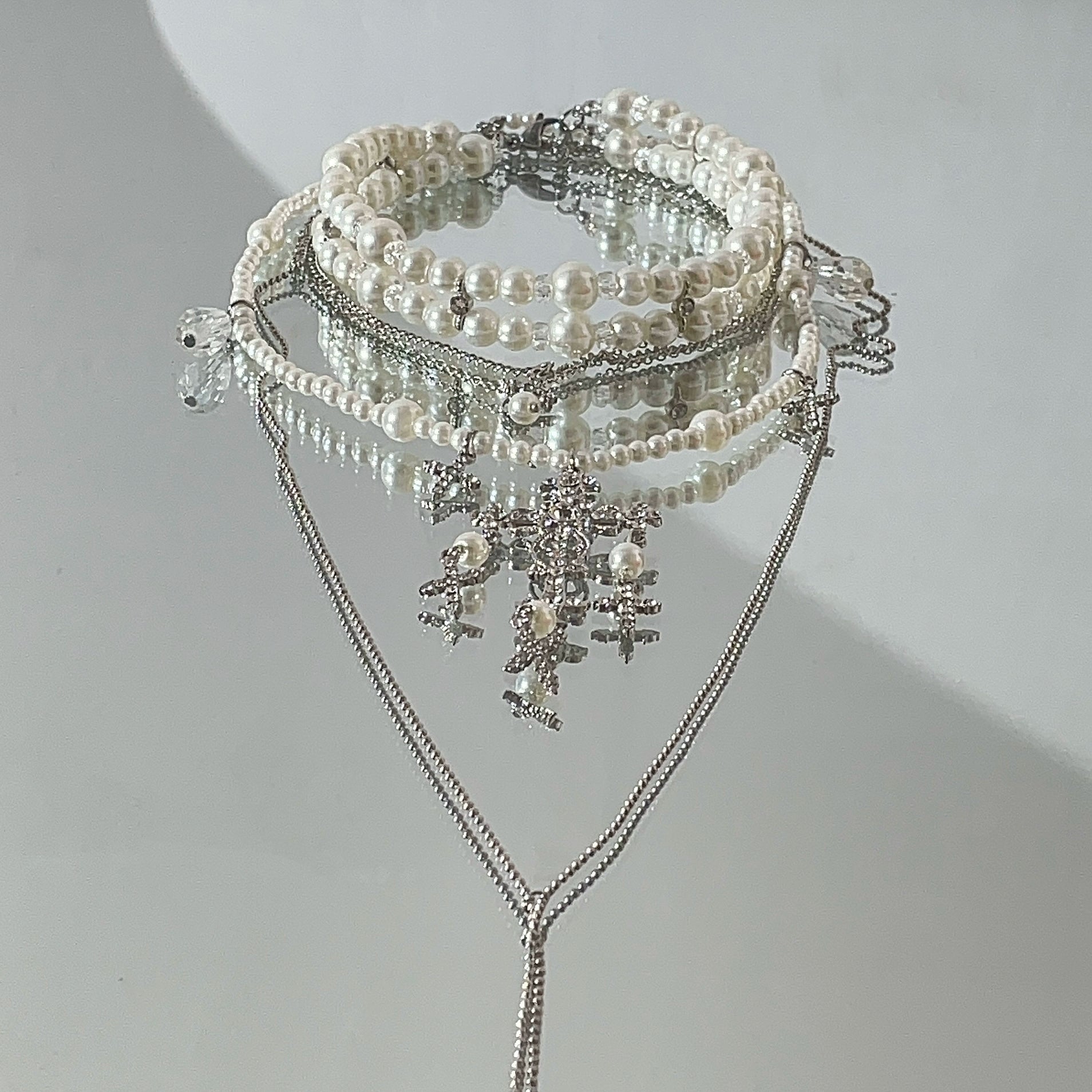 Layered Cross Pearl Choker Necklace