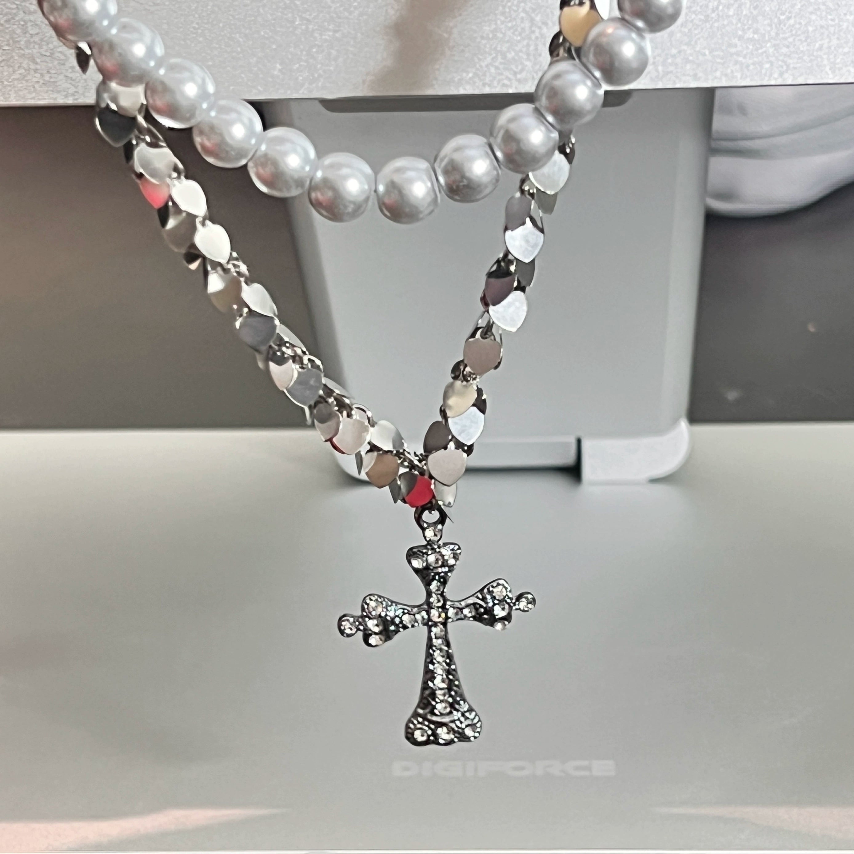 Layered Pearl Silver Cross Necklace