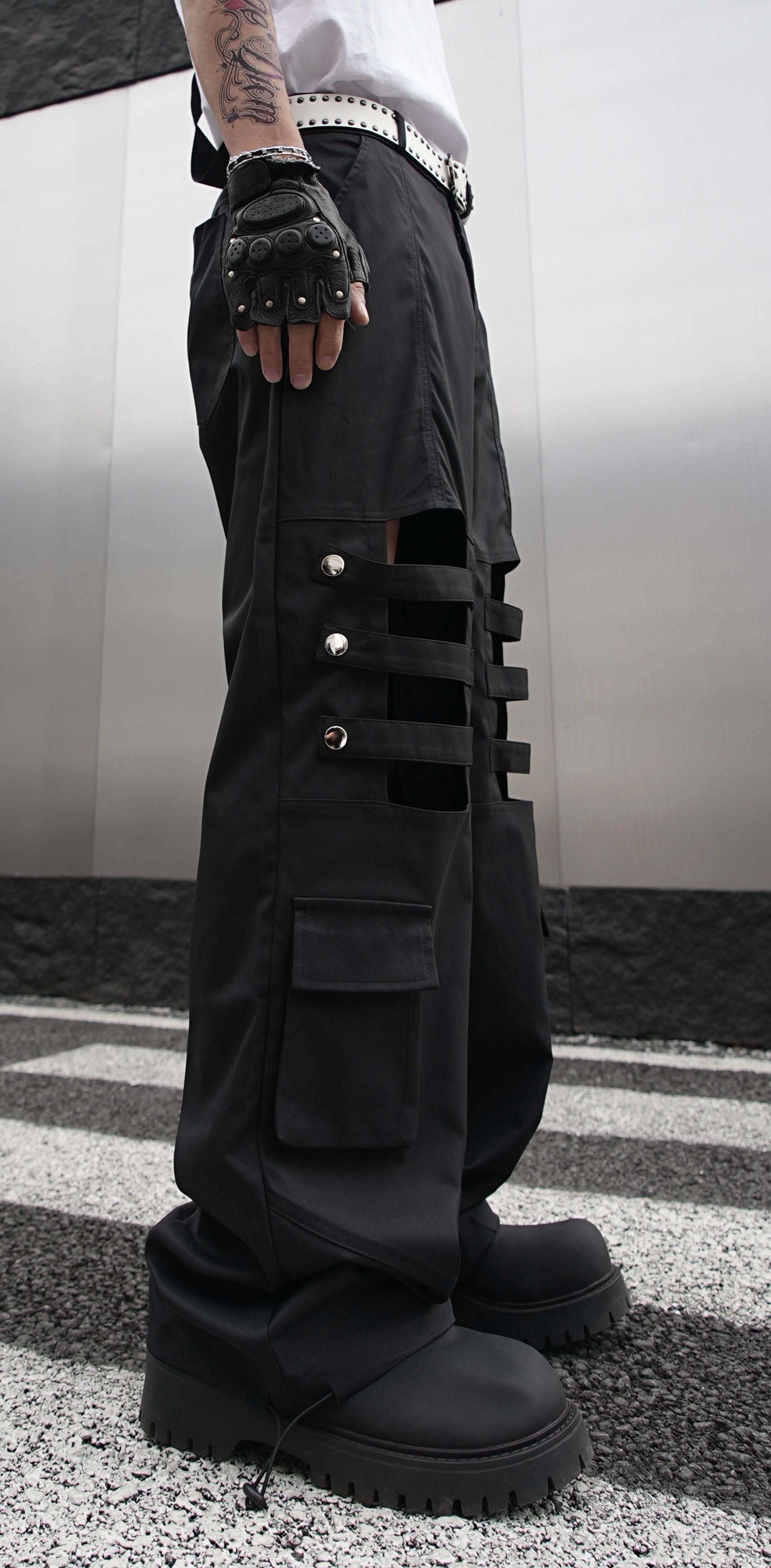 Dark Strap-Studded Punk Straight Cargo Pants