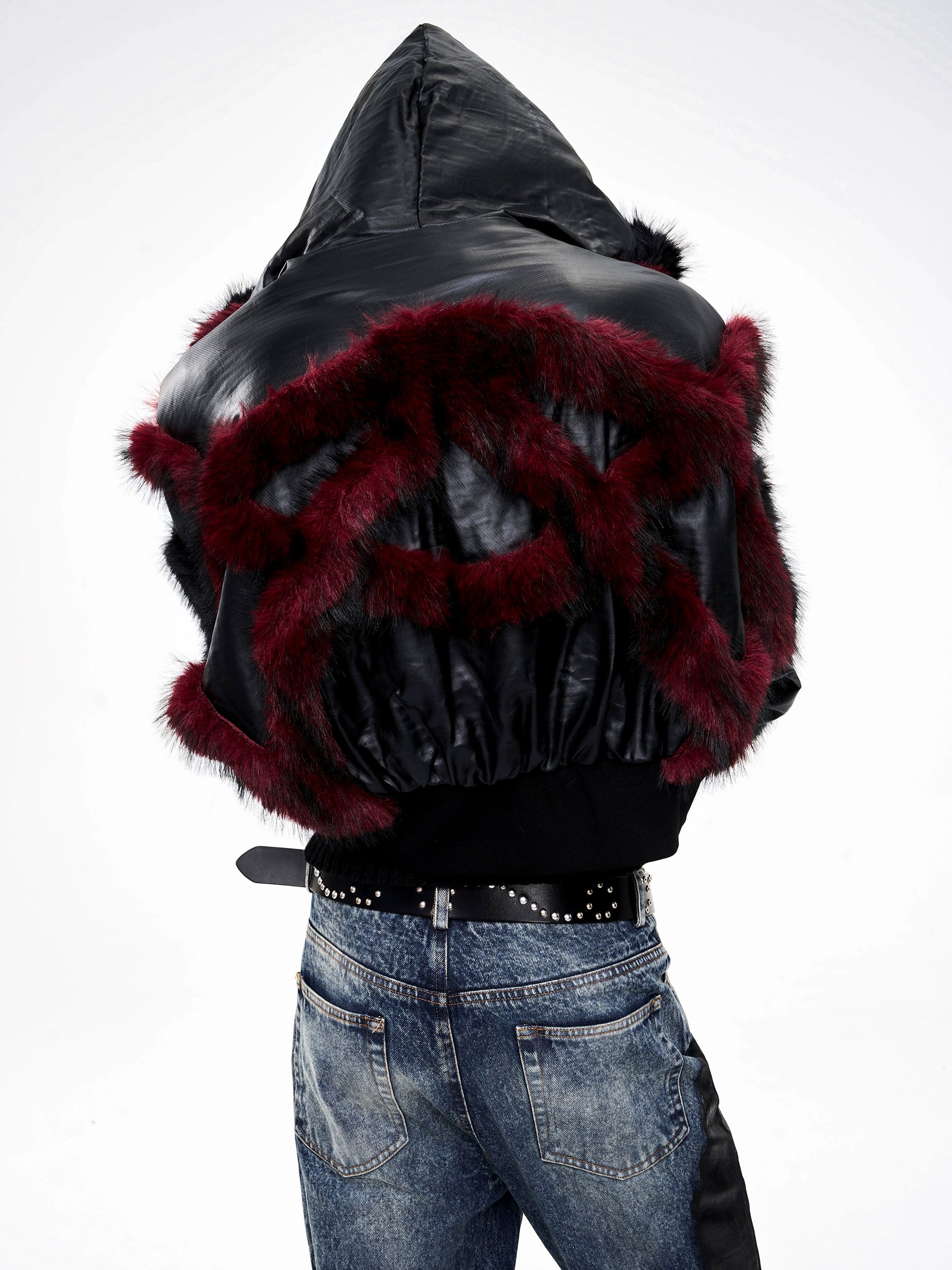 Faux Fur Hooded Studded Short Jacket