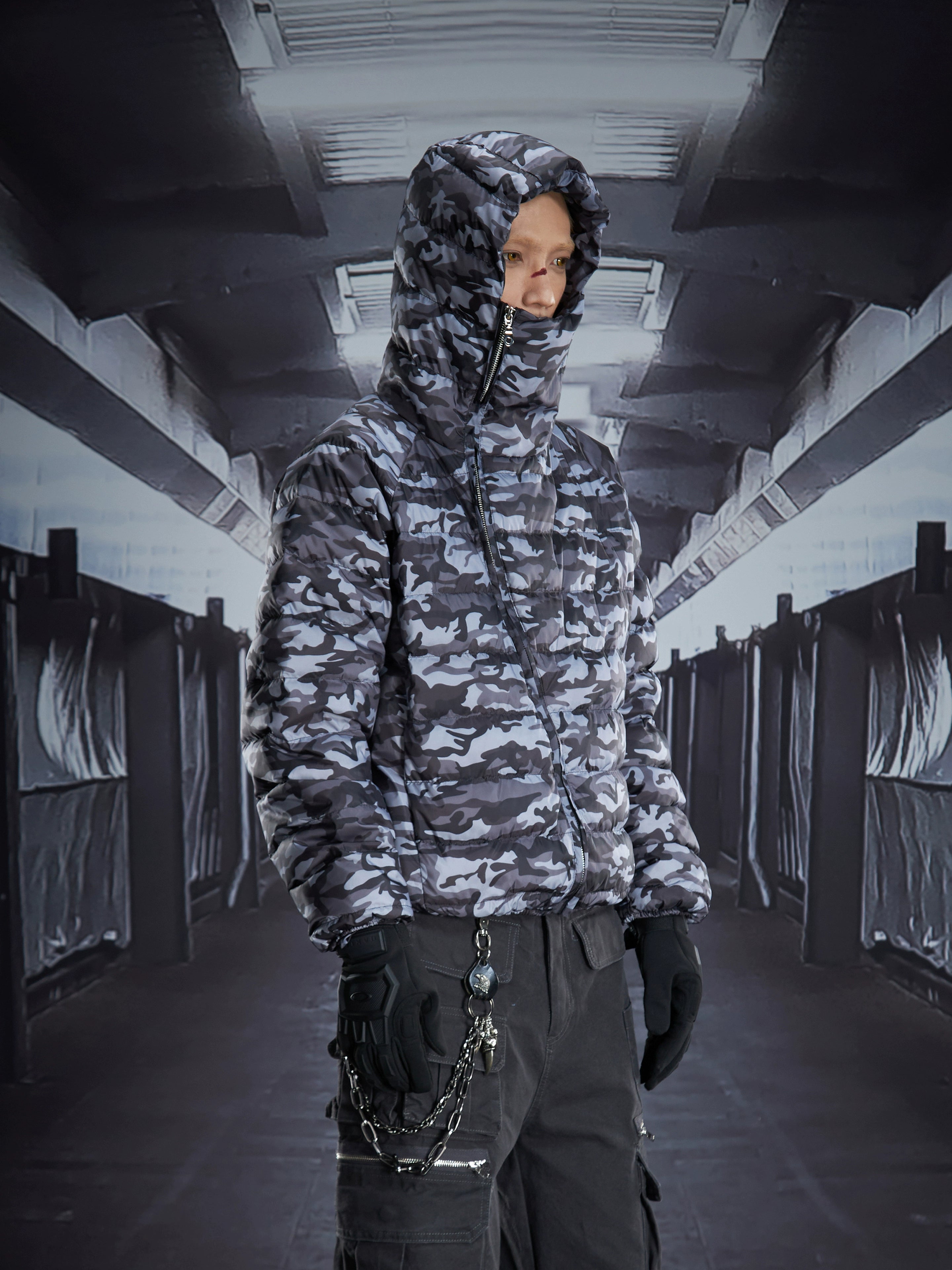 Asymmetric Zip Hooded Camo Down Jacket