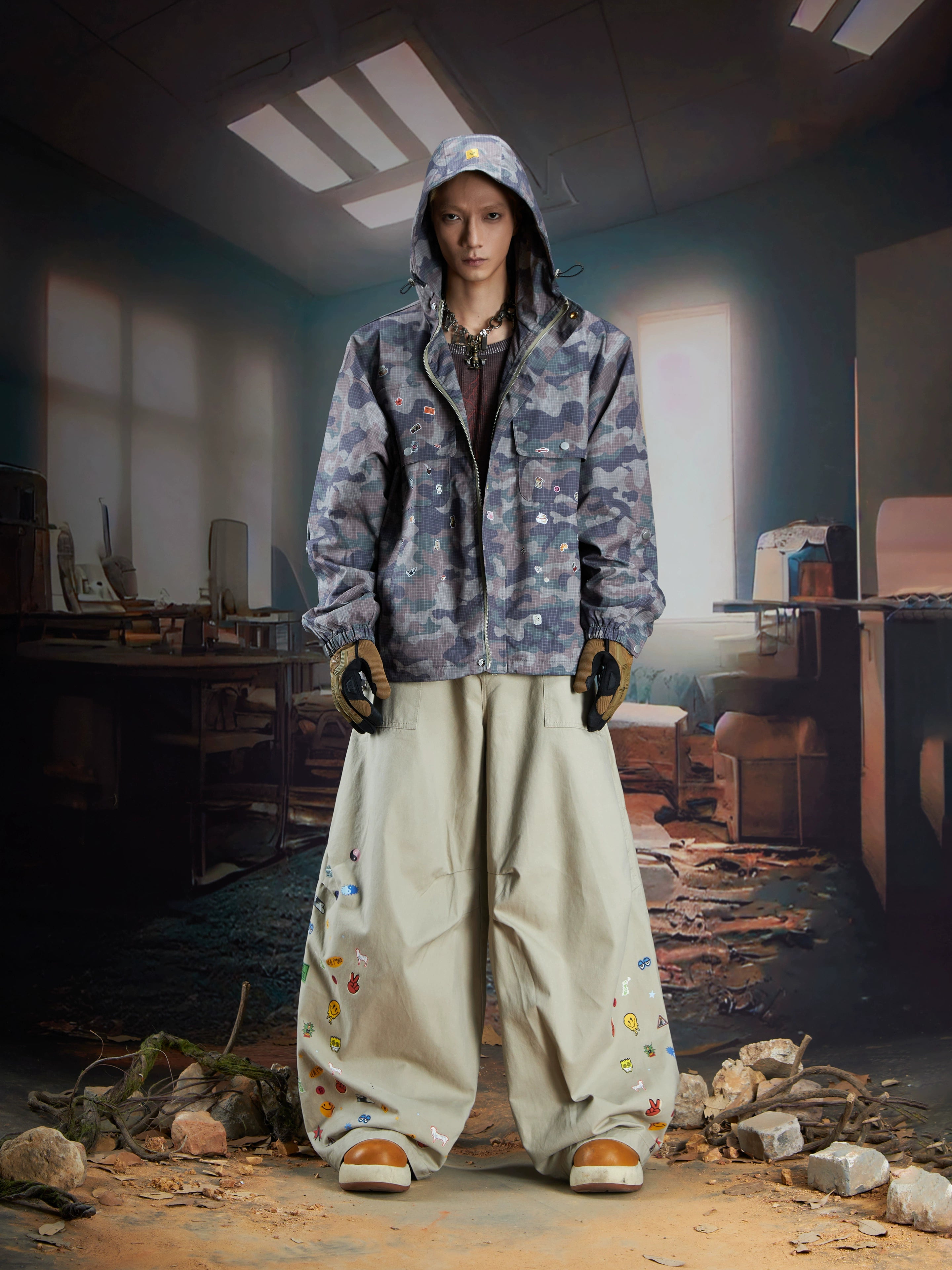 Cartoon Print Wide-Leg Streetwear Pants with Curved Design