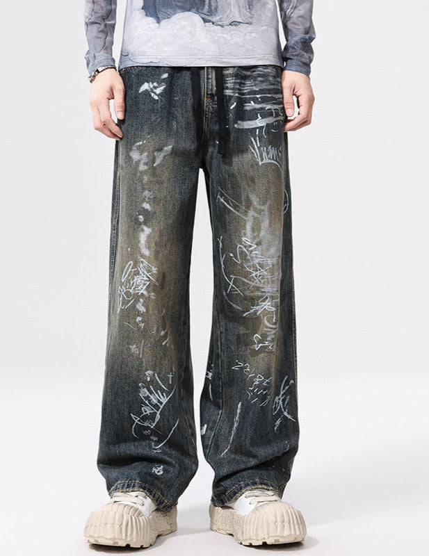 Graffiti Print Straight Wide Leg Jeans