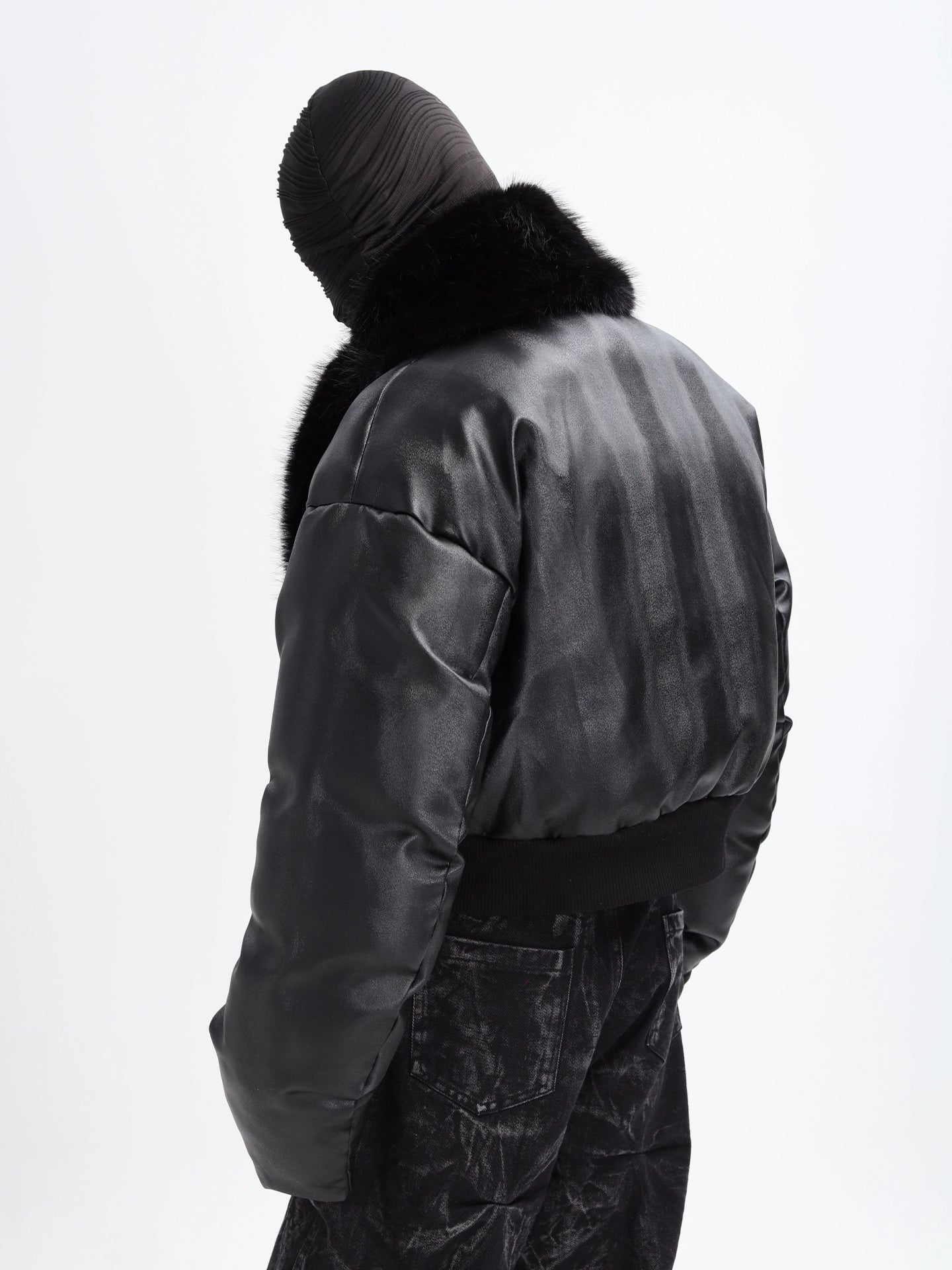 Faux-Fur Collar Leather Puffer Jacket