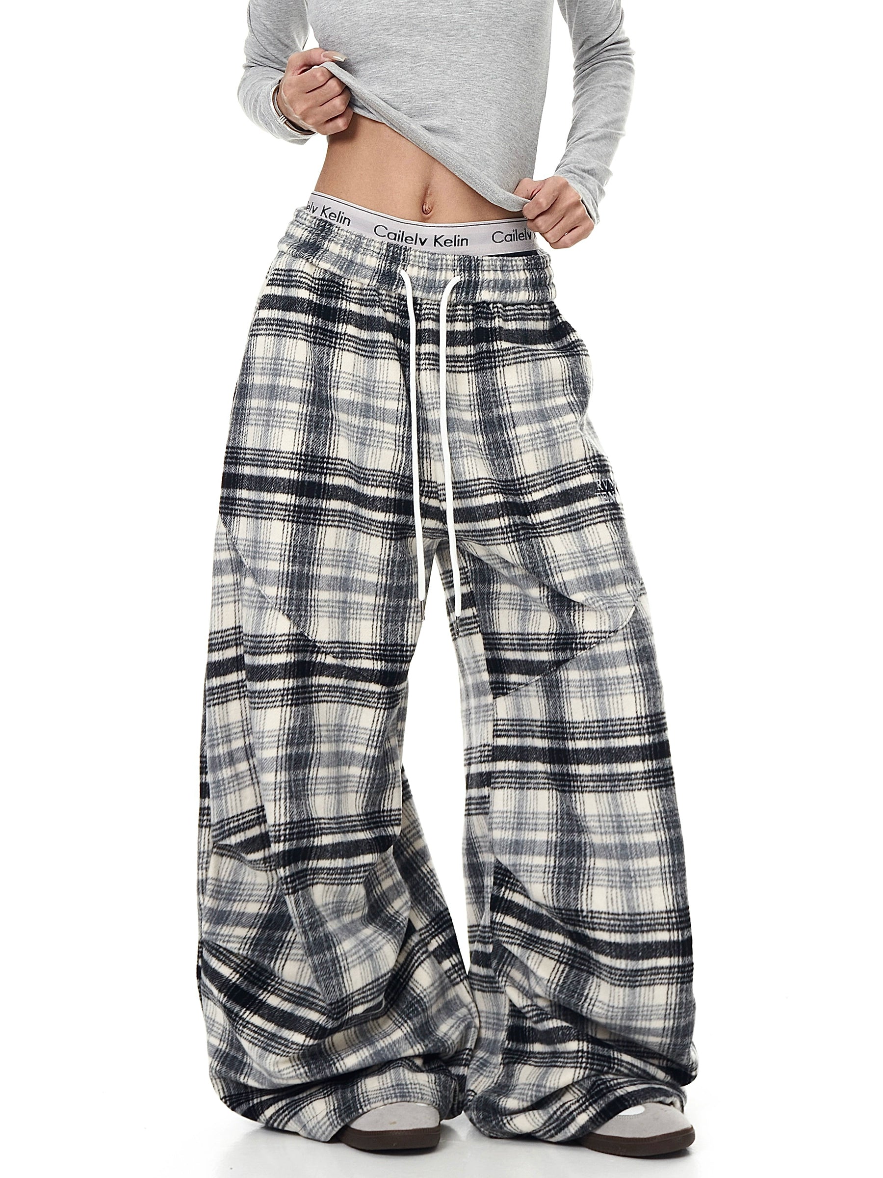 Plaid Wool Thickened Pleated Street Pants