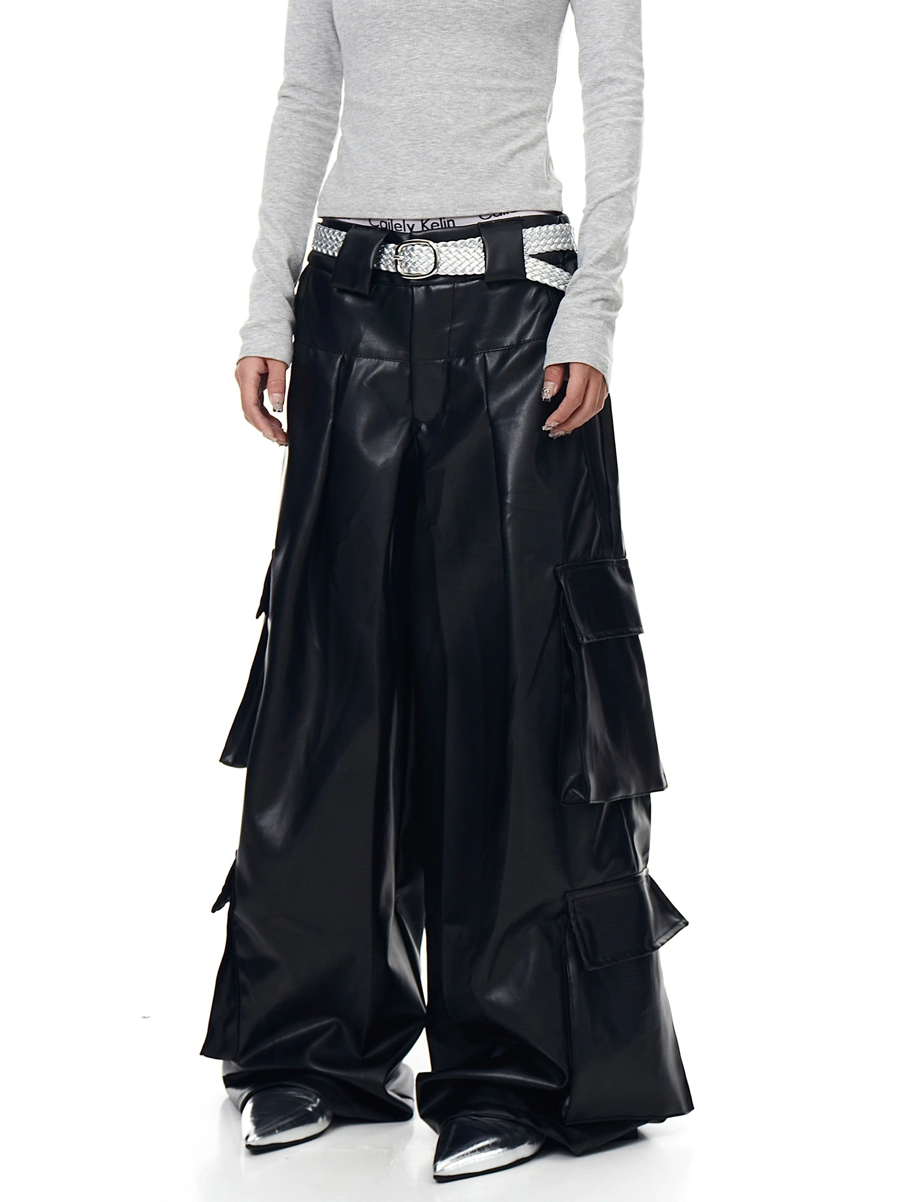 Tech-Utility Fleece-Lined Multi-Pocket Wide-Leg Leather Cargo Pants
