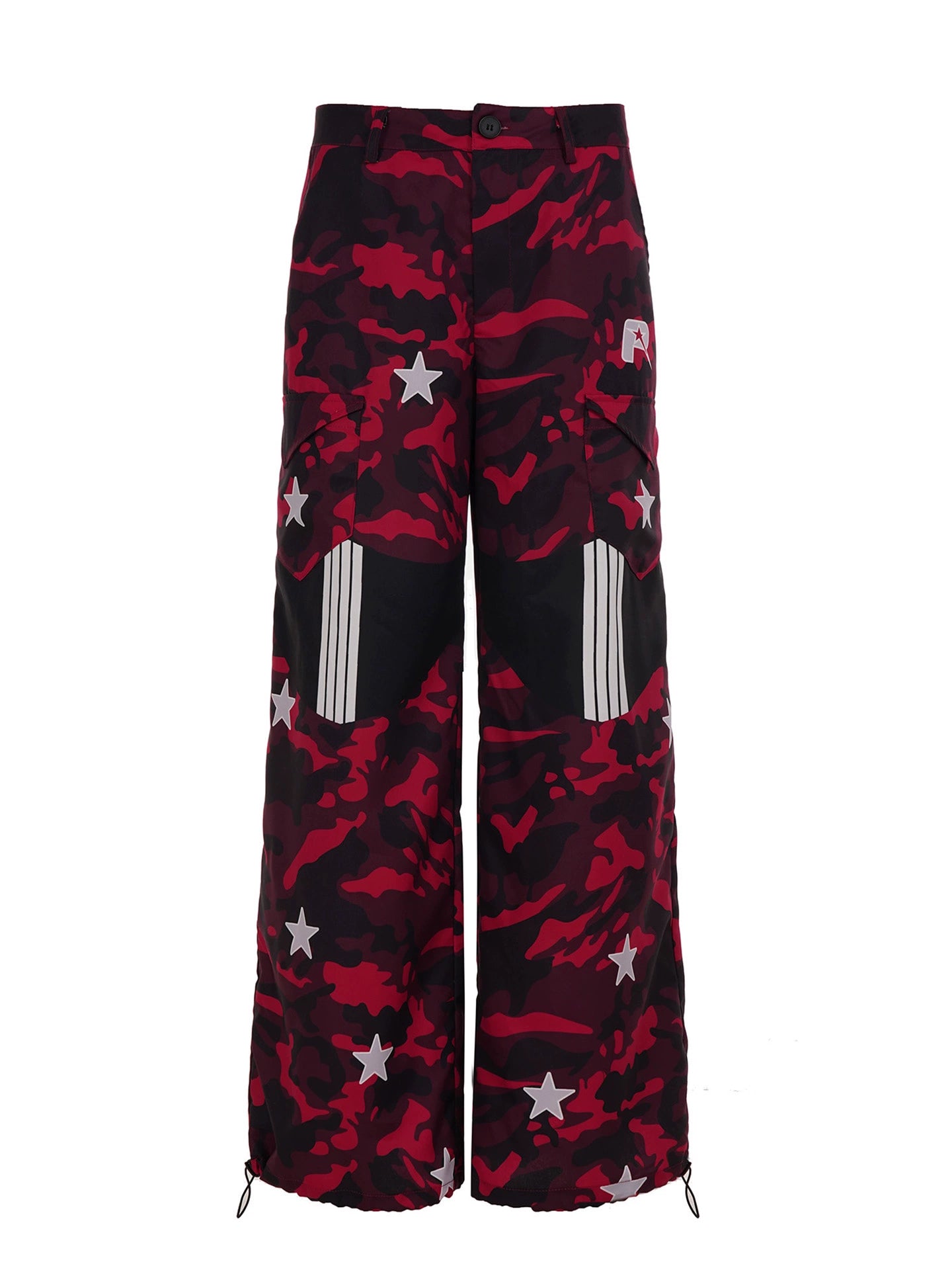 These Sanhoostudio camouflage pants feature bold star prints, patchwork design, and a low-waist loose fit. With their retro streetwear inspiration, they merge military ruggedness with casual style, making them a versatile staple for high street fashion.