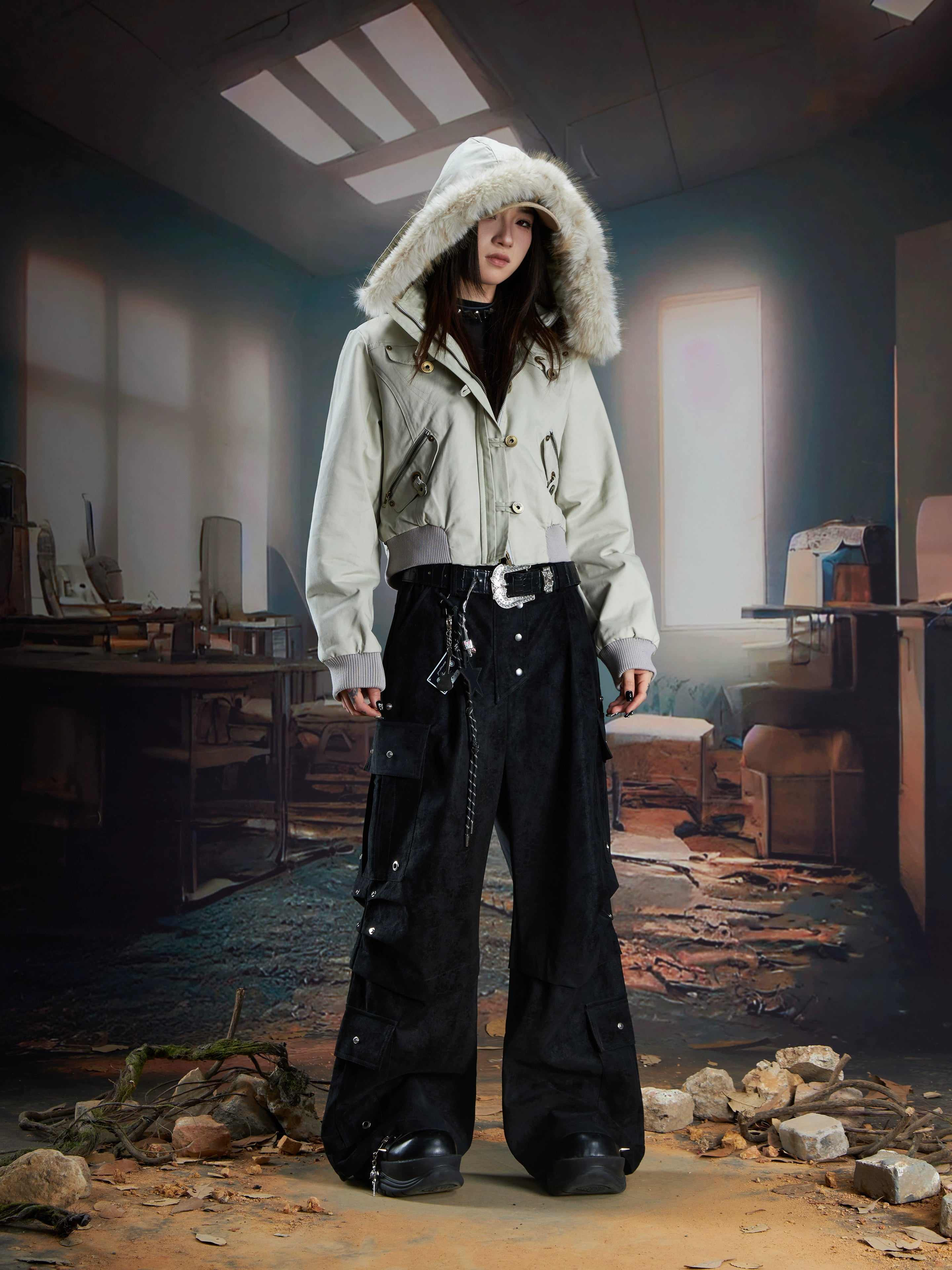 Matte Leather Multi-Pocket Studded Straight Pants