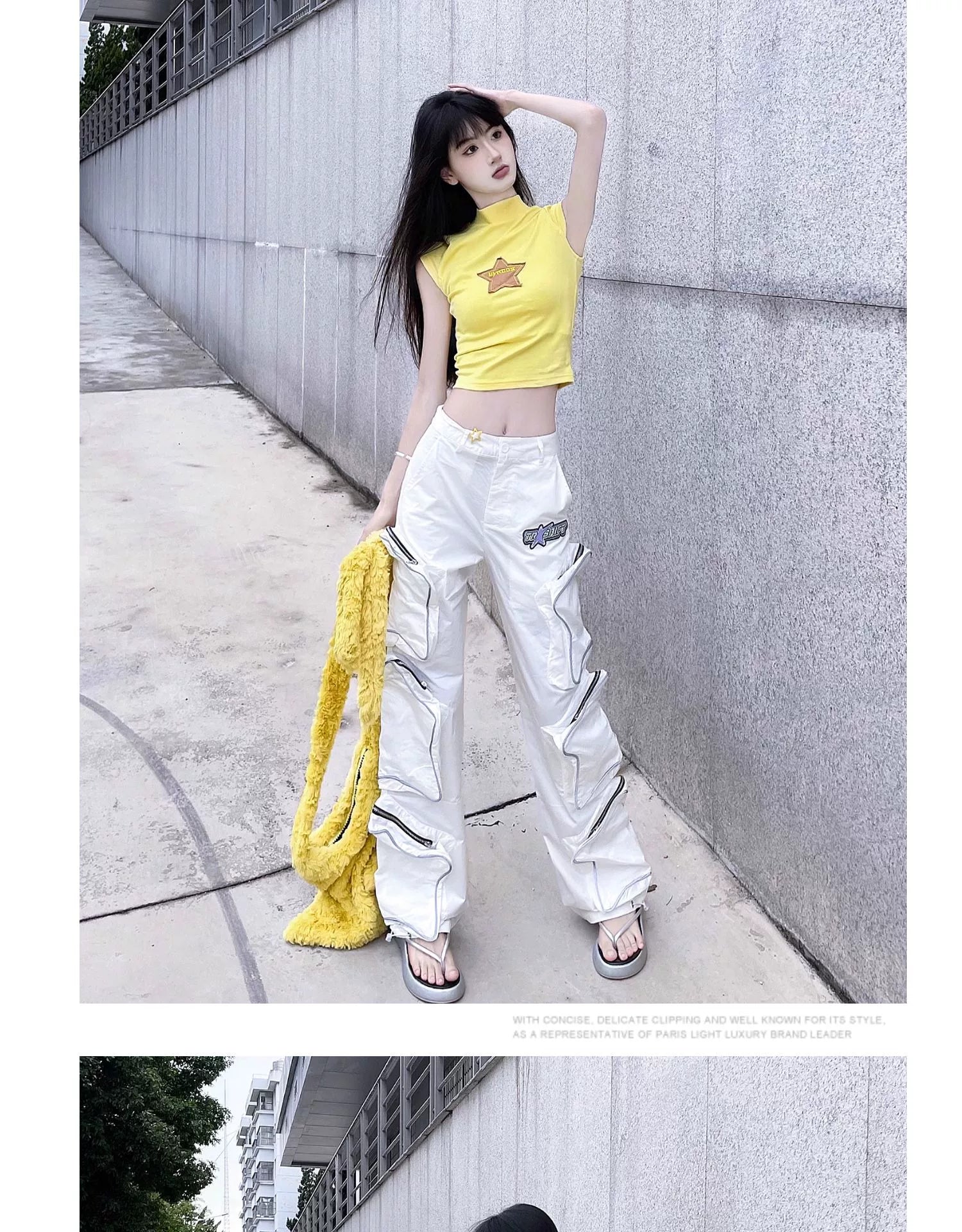 These reflective cargo pants from Sanhoostudio feature 3D star patches and bold avant-garde styling. The oversized fit and dark aesthetic make them ideal for nightwear, performance looks, or urban outfits, blending futuristic energy with functional streetwear practicality.