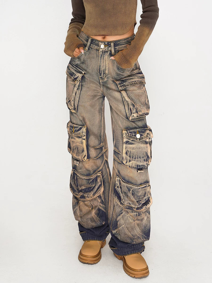 Sanhoostudio cargo denim pants featuring heavy washing, distressed finish, and multi-pocket design. Inspired by American vintage wasteland aesthetics.