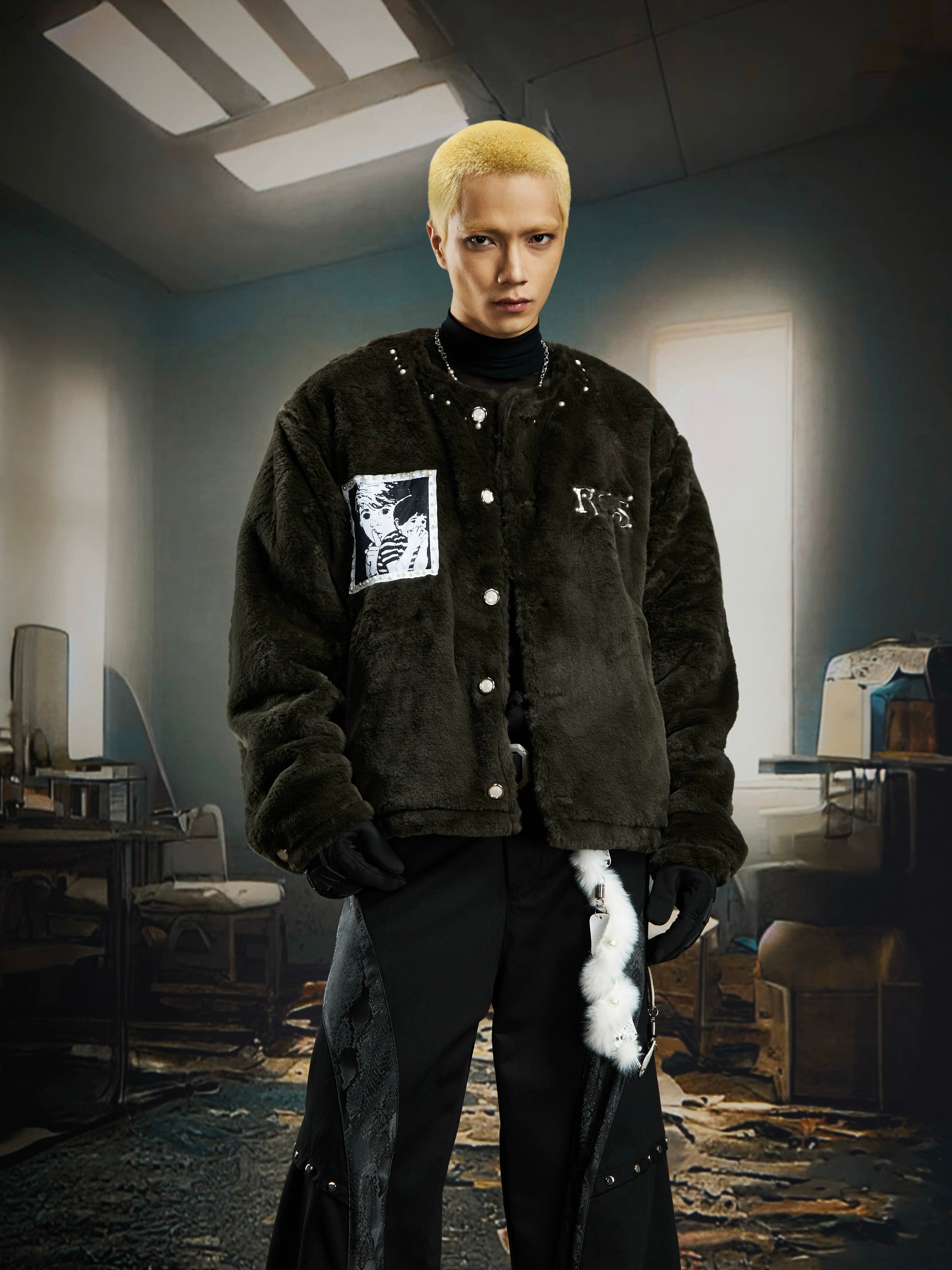 Plush Beaded Comic Patch Collarless Padded Short Jacket