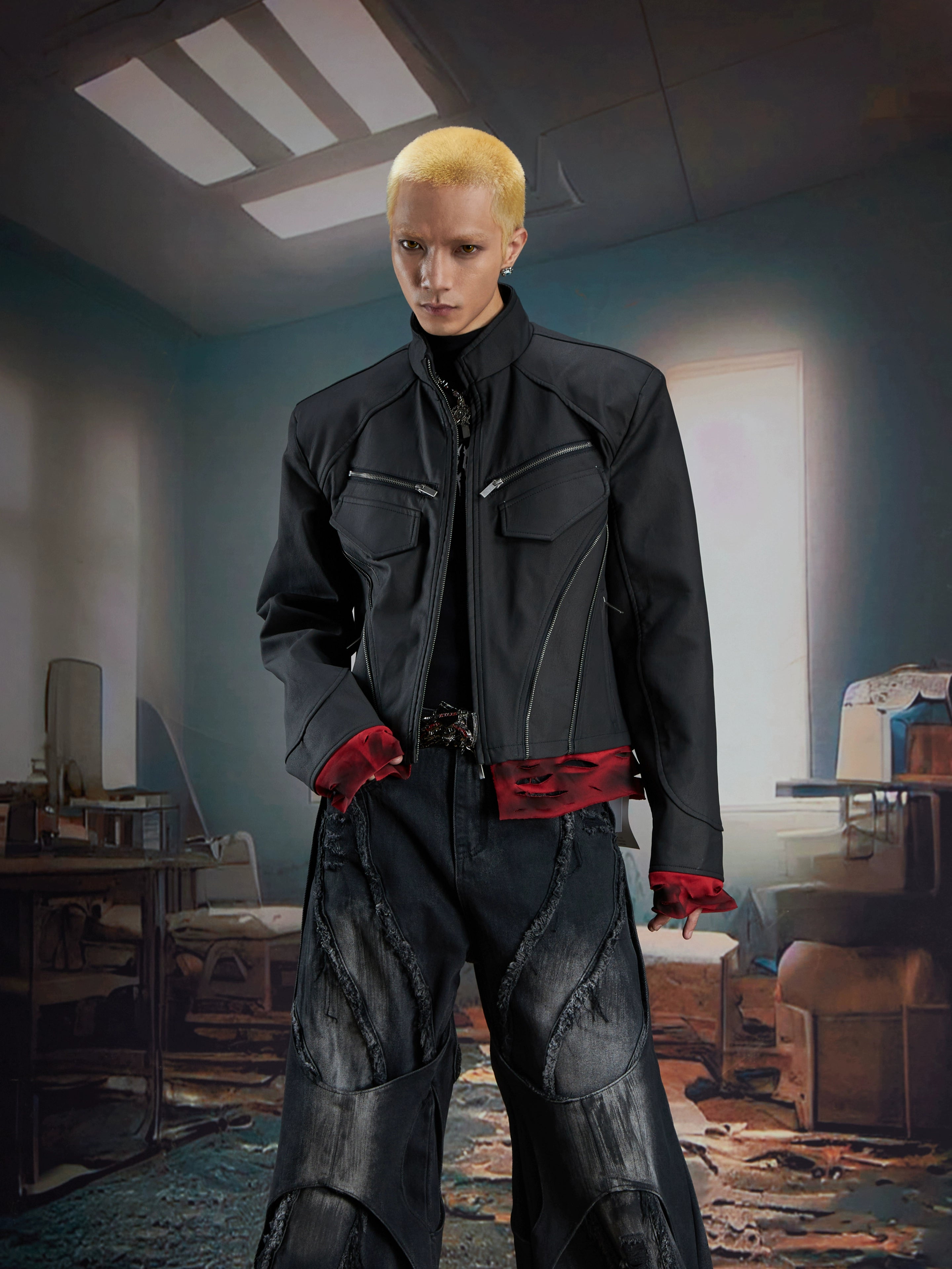 Dark Niche Deconstructed Layered Zipper Short Leather Jacket Unisex