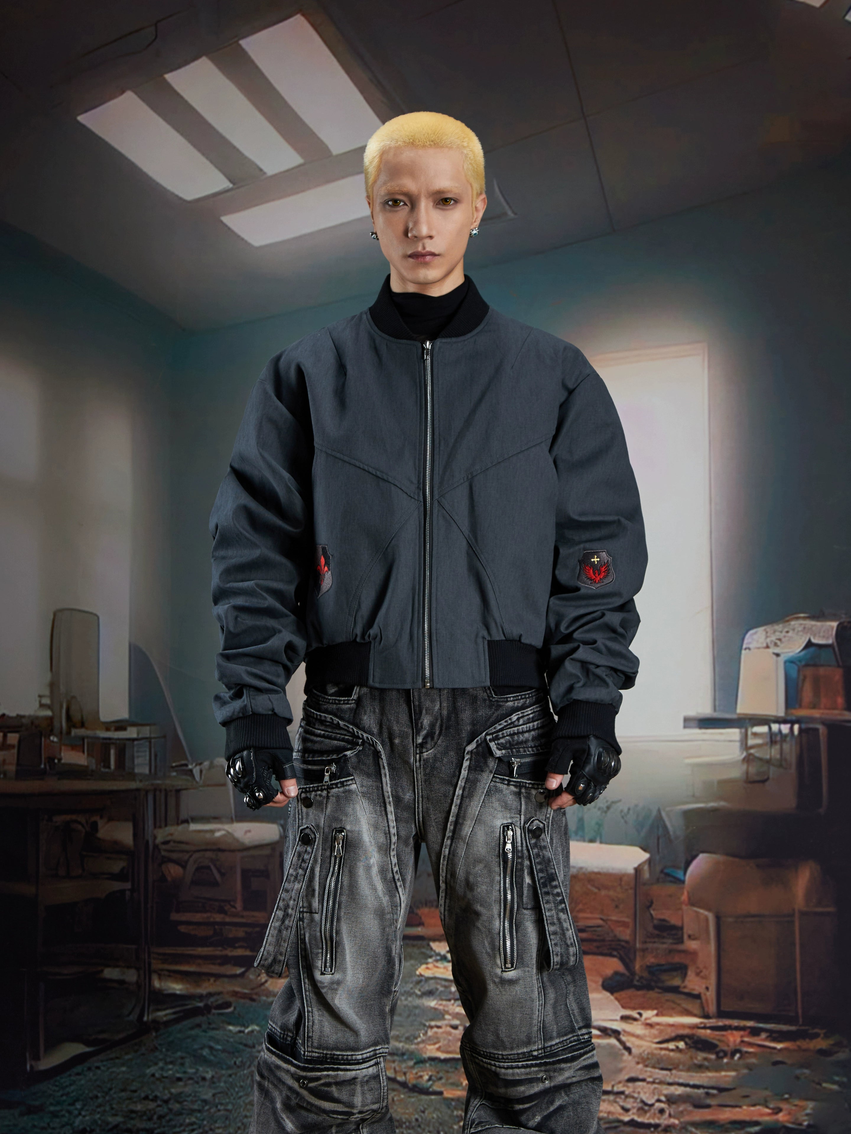 Embroidered Textured Short Zip-Up Jacket with Gathered Sleeves