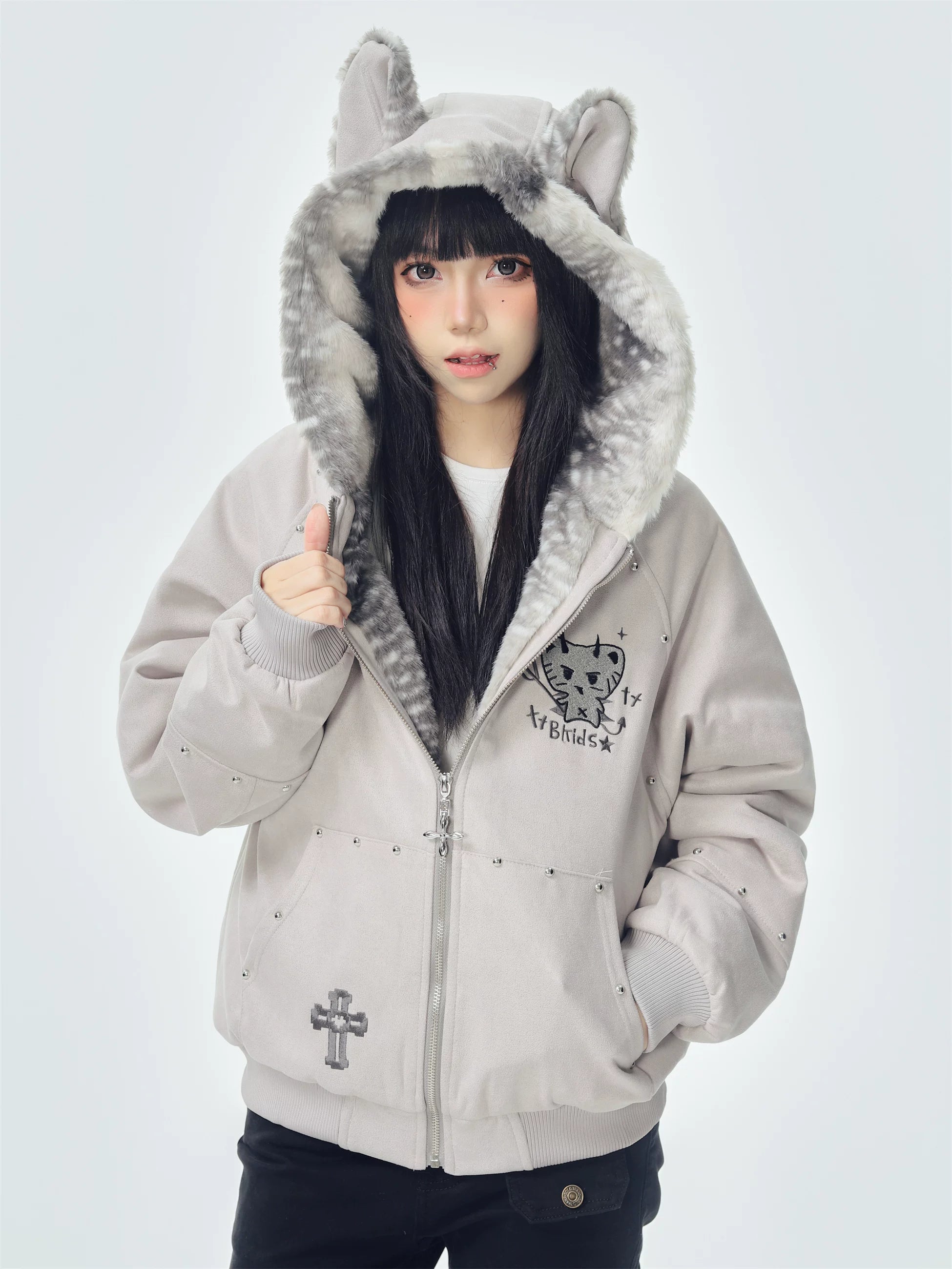 Sanhoostudio hooded puffer jacket featuring devil cat, cross, and mountain eagle graphics. Designed with a relaxed fit, thick padding, and winter insulation for edgy dark street style.