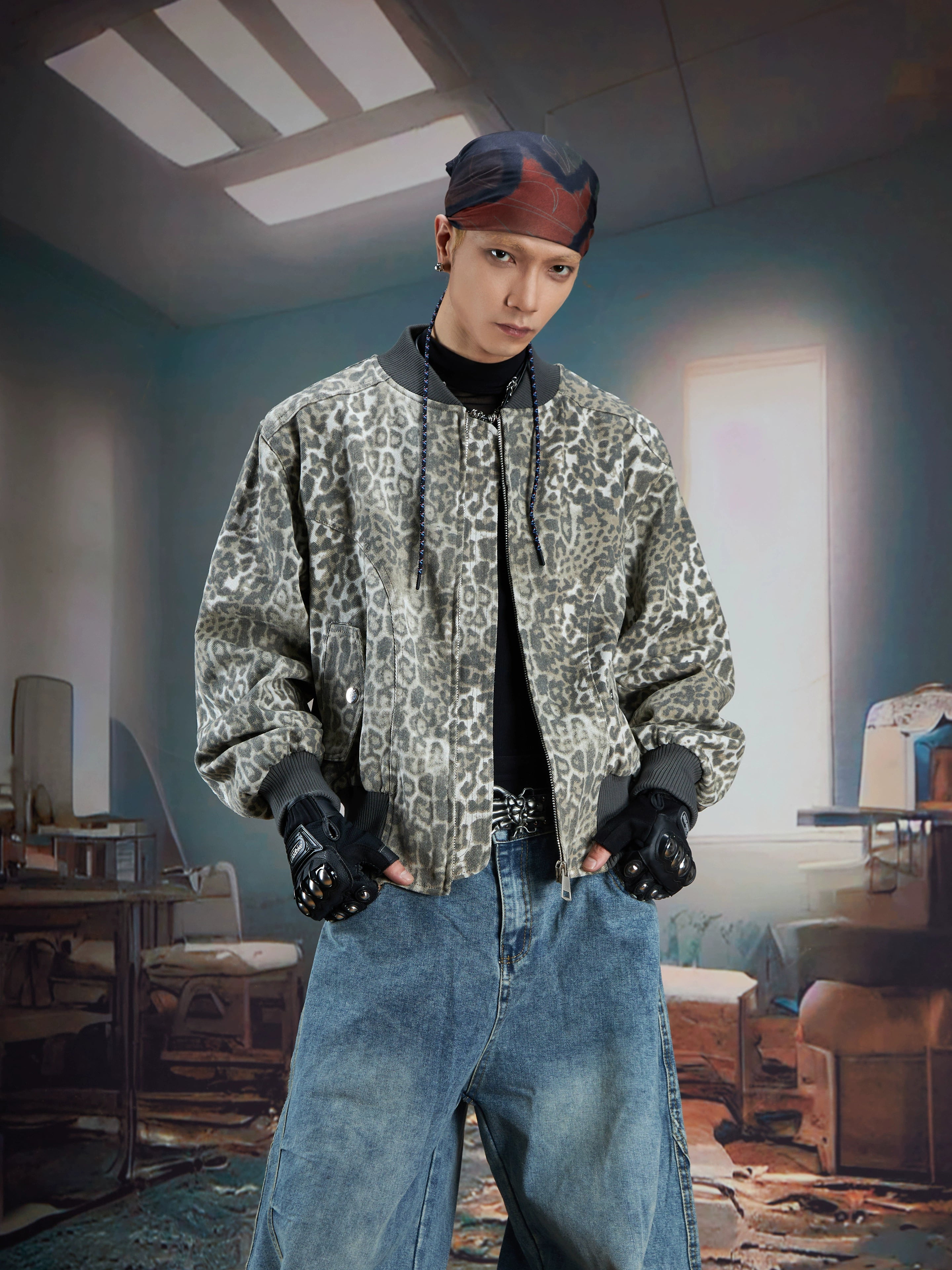 Leopard Print Baseball Jacket with Streetwear Casual Fit