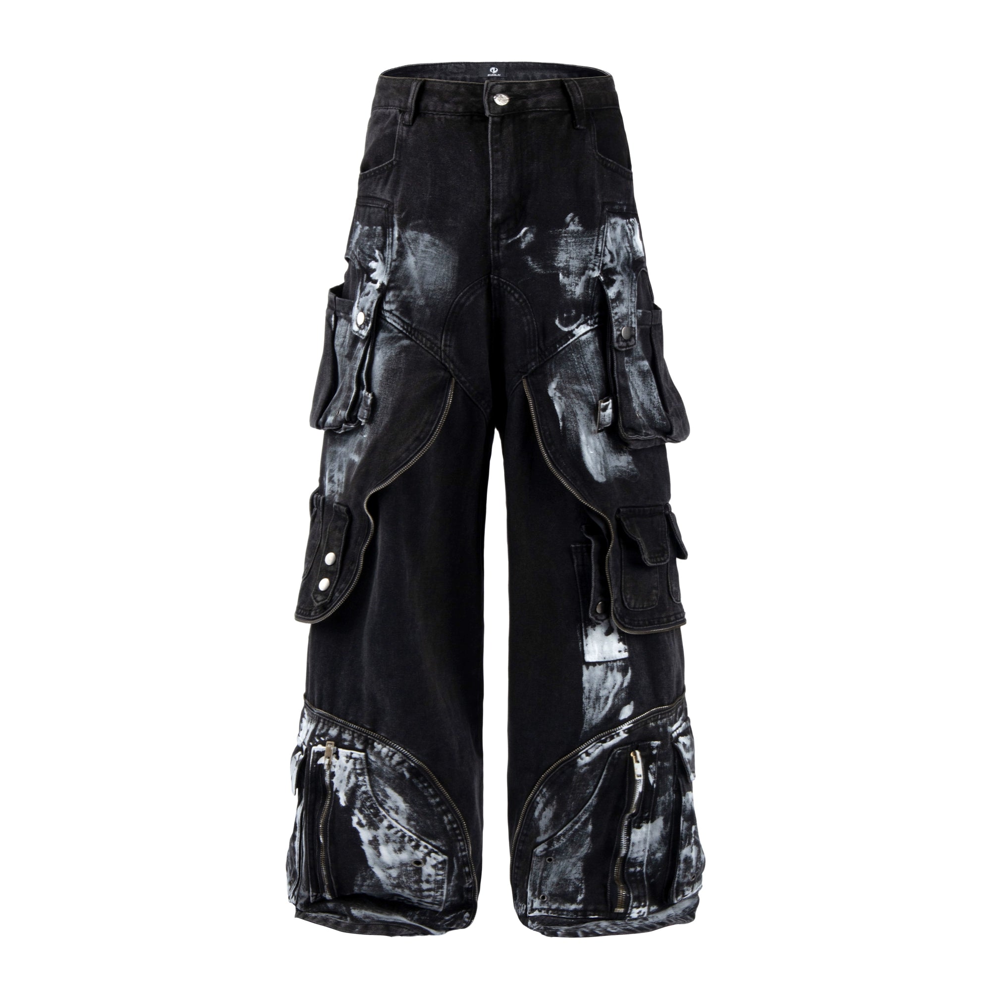 Heavy Graffiti Painted Cargo Denim Pants with Multi Pockets