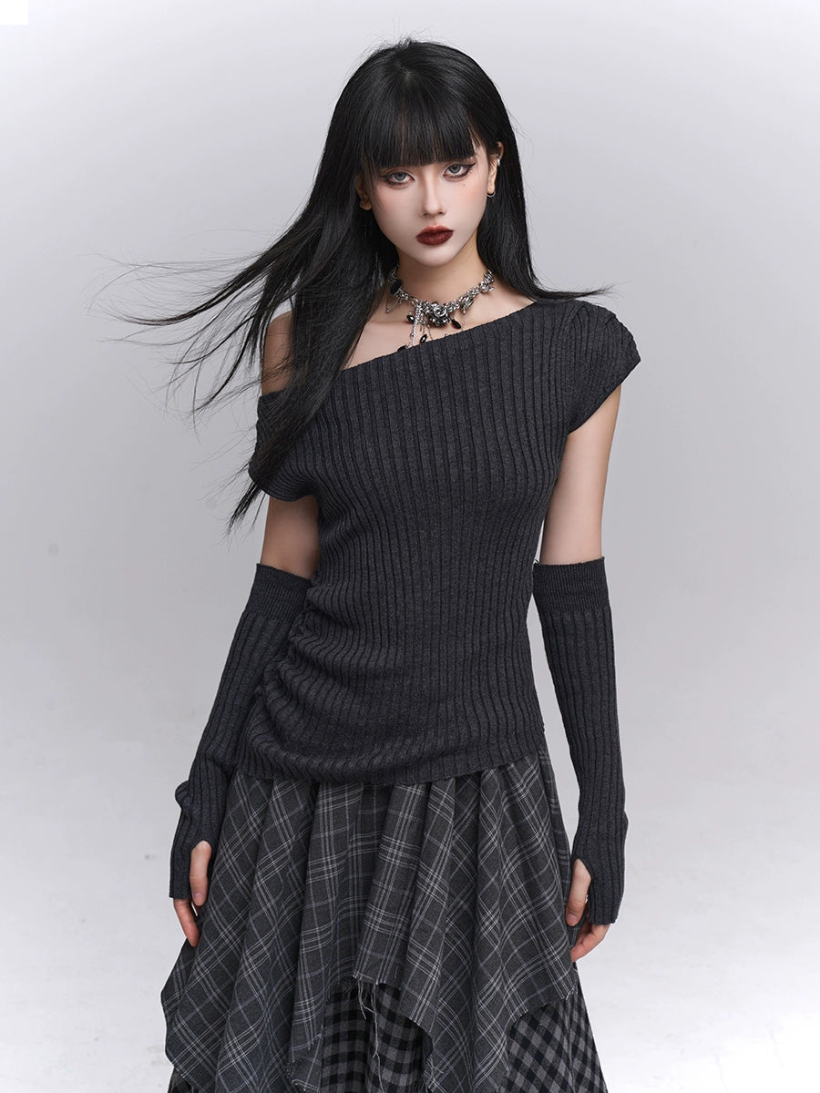 Gray One-Shoulder Knit Sweater