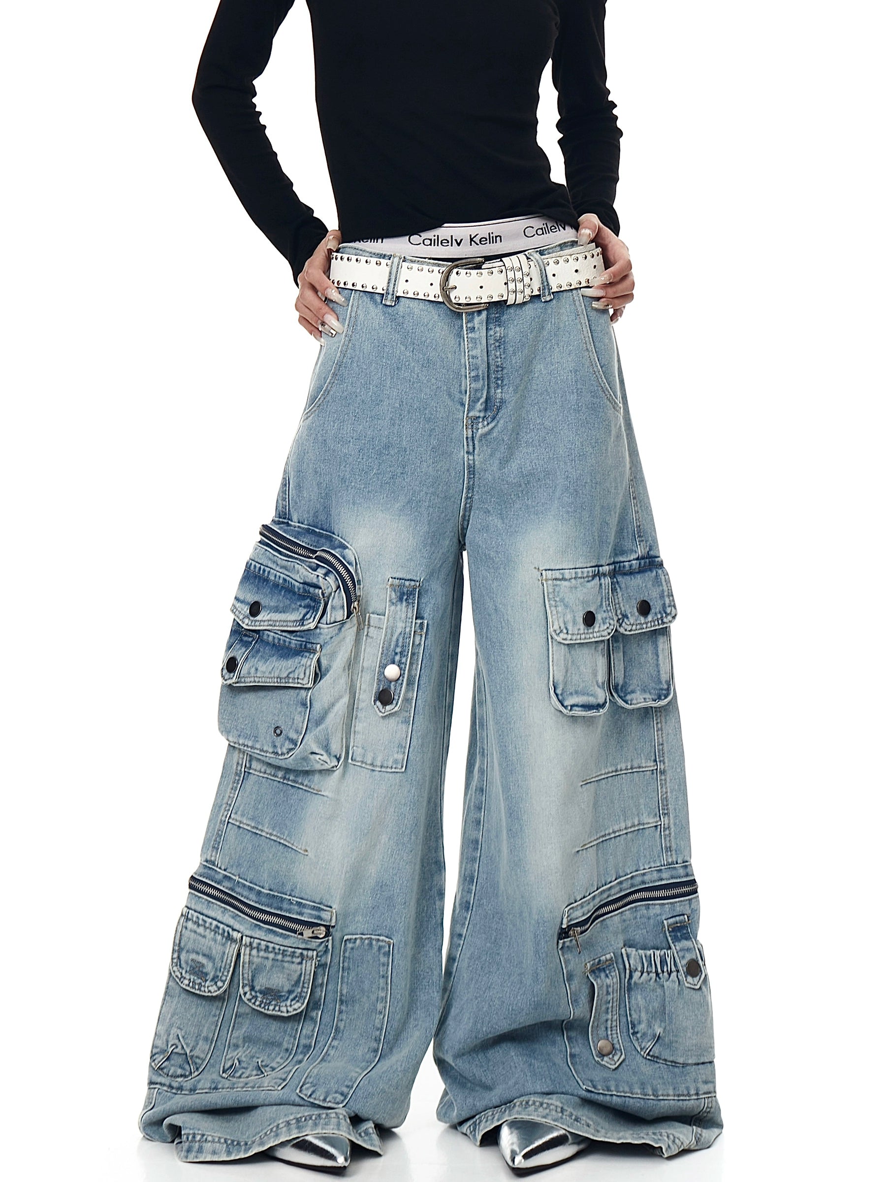 High Street Distressed Multi-Pocket Denim Cargo Pants