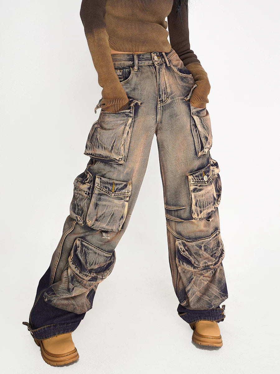 Sanhoostudio cargo denim pants featuring heavy washing, distressed finish, and multi-pocket design. Inspired by American vintage wasteland aesthetics.