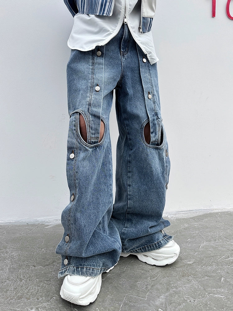 Button Detail Straight-Leg Ripped Wide-Leg Pants