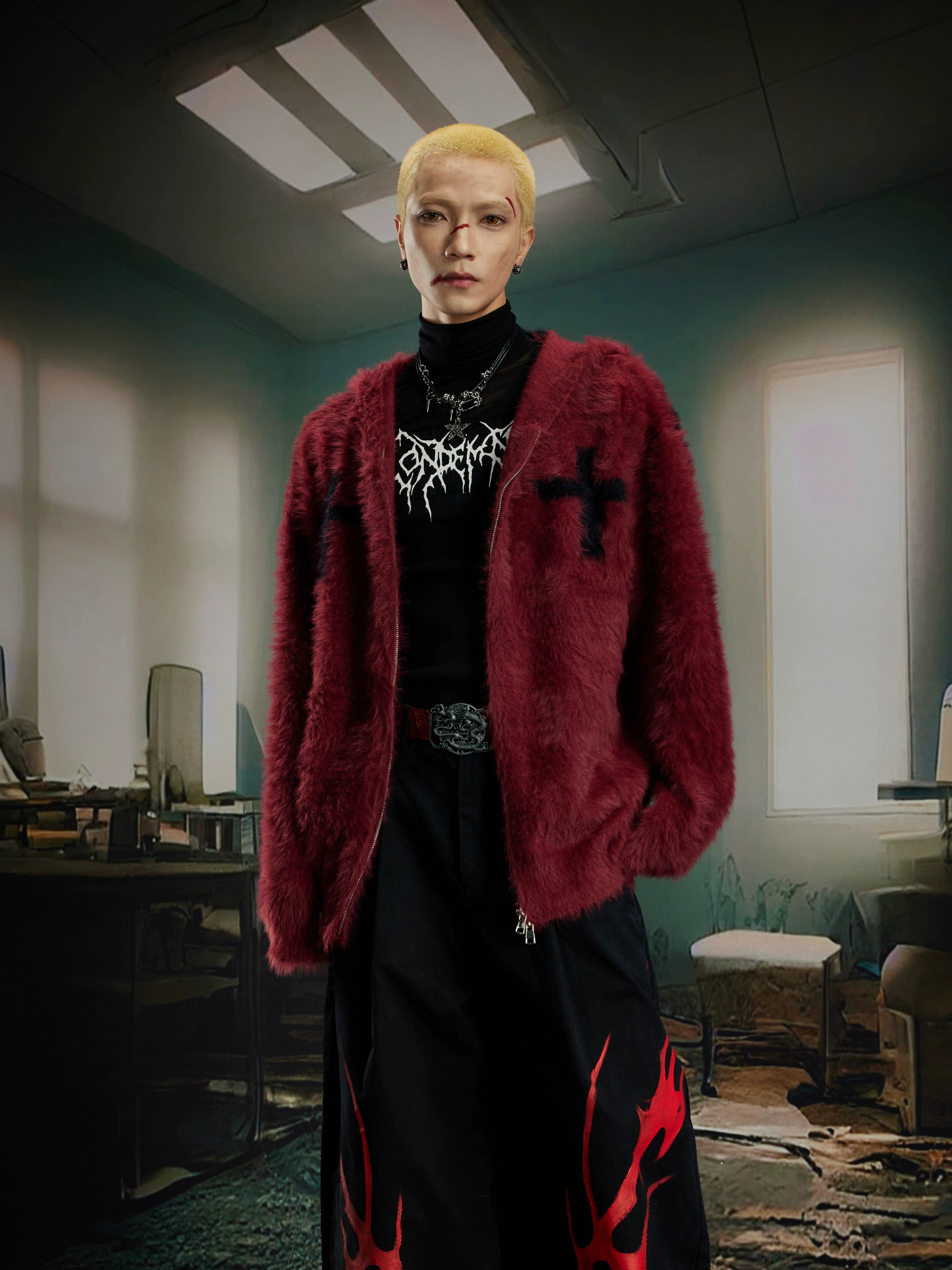 Heavyweight Mohair-Inspired Y2K Hooded Knit Cardigan