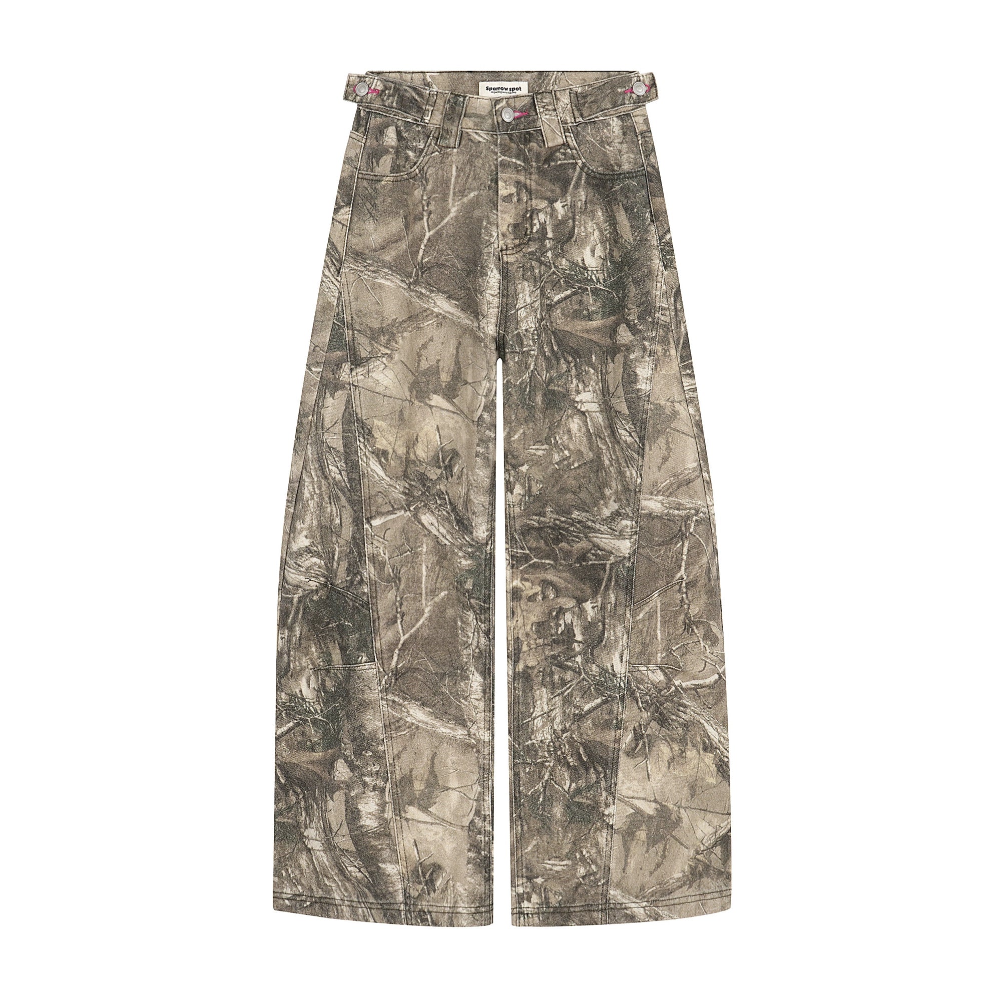 Letter Embroidered Branch Camo Denim Pants