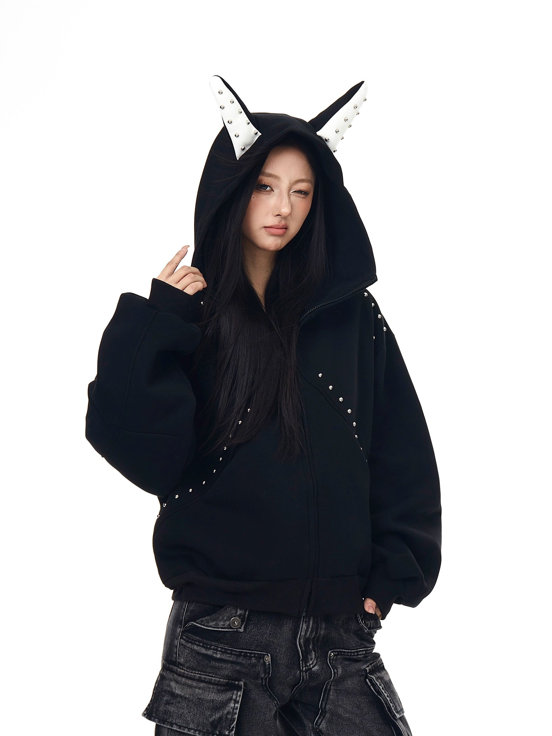 Studded Doberman Ear Hoodie Jacket